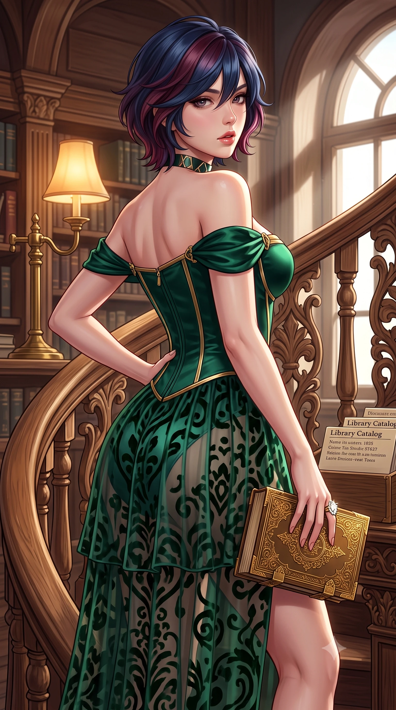 score_9, masterpiece, best quality, ultra-detailed, high-budget anime keyframe, semi-realistic 3D game render, editorial fashion photography, tasteful artistic composition, Korean woman. close-up cowboy shot from the waist and thighs up, the character dominates the composition, filling the frame with her large presence. posing in an alluring rear three-quarter angle, arching her lower back in a pronounced S-curve with one hand on her hip, glancing seductively over her bare shoulder with parted glossy lips while leaning back against the carved oak spiral staircase with hips cocked, holding a gold-embossed grimoire while casting smoldering bedroom-eyes. The surrounding environment is rendered in vivid detail and crisp panoramic clarity. detailed velvet dress pile, brass book clasps, and library catalog card clarity in high resolution. She has an exceptionally elegant, slender, and willowy female figure with an ultra-slim waist, flat toned midriff, narrow ribcage, and sculpted feminine hips creating an alluring, slim hourglass silhouette without bulk. sharp v-shaped jawline, high-bridge nose, intricate jewel-like eyes with depth, thick eyelashes, glossy parted lips with a natural sheen, intensely captivating and seductive bedroom-eyes expression, flawlessly proportioned anatomical accuracy, strict slender model proportions, natural body alignment, perfectly sculpted long slender limbs, ultra-slim waistline, clean dynamic posture without body distortion. wearing an off-shoulder French court corset bodice dress paired with a tiered translucent chiffon slit skirt in deep emerald green satin and gold hardware, made of sheer contouring power-mesh with velvet flocking patterns, complemented by a bold geometric choker and sparkling cocktail ring, the glove-like aerodynamic silhouette tightly following the natural contour of her hips and long slender legs with statuesque 8.5-heads elegance. bathed in warm incandescent reading lamp glow and dramatic shafts of daylight from arched windows. highly saturated vibrant anime colors, detailed shading with soft gradients, rich glossy textures, high-contrast stereoscopic depth, volumetric dynamic lighting, master piece, 9:16 ratio