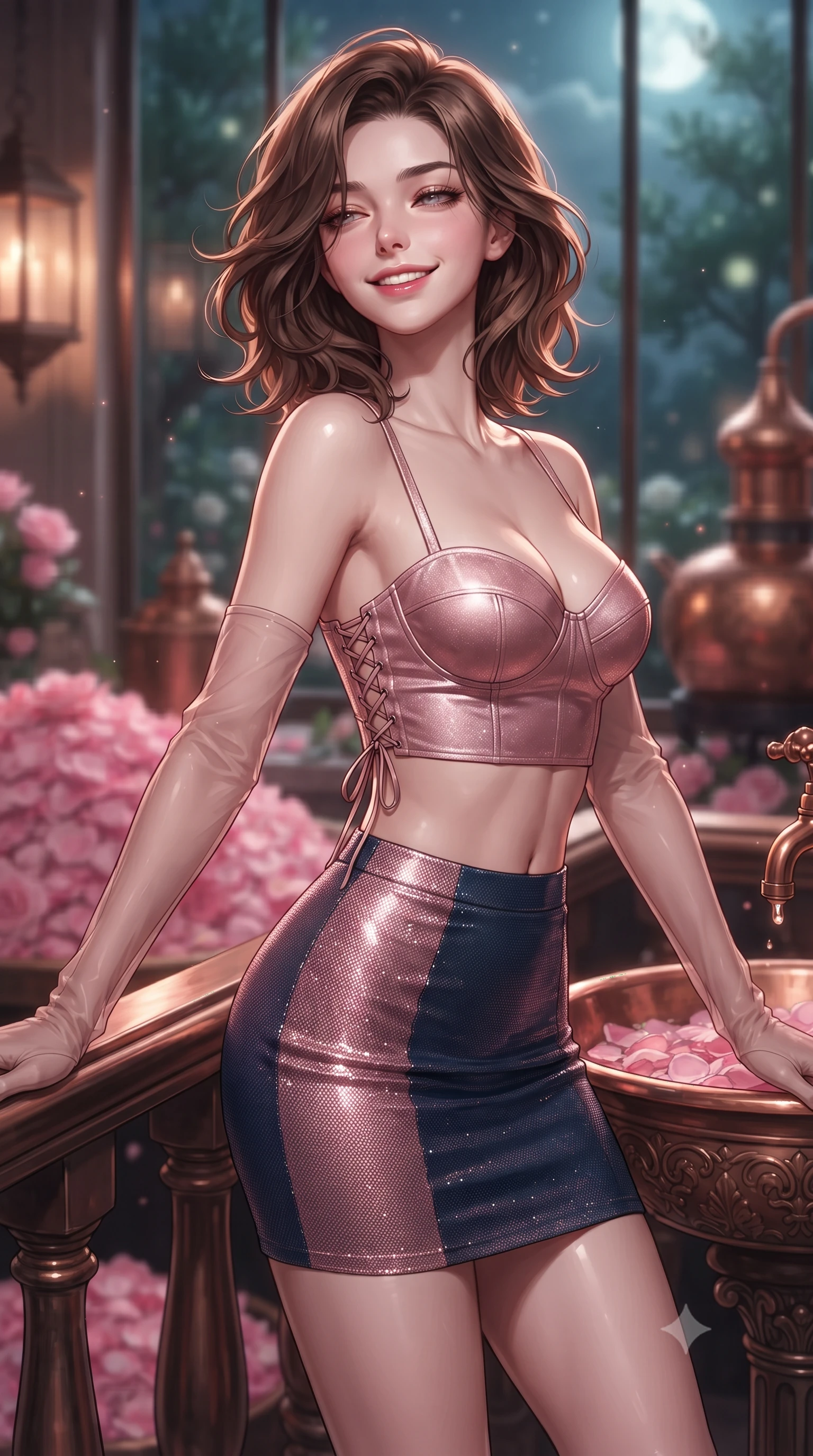 score_9, masterpiece, best quality, ultra-detailed, high-budget anime keyframe, editorial fashion photography, tasteful artistic composition, Korean woman. close-up cowboy shot from the waist and thighs up, the character dominates the composition, filling the frame with her large presence. leaning back against the balustrade with relaxed seductive grace, head tilted back slightly while casting a hypnotic, heavy-lidded gaze while twisting her slender torso in an alluring S-curve beside the rose petal extraction basin, soft lantern light caressing her narrow waist and curvy hips. The background shows a soft-focus mounds of fresh pink centifolia rose petals, polished antique copper perfumery stills, and moonlit olive groves through glass blurred into blush pink, copper, and emerald bokeh. She has an exceptionally elegant, slender, and willowy female figure with an ultra-slim waist, flat toned midriff, narrow ribcage, and sculpted feminine hips creating an alluring, slim hourglass silhouette without bulk. sharp v-shaped jawline, high-bridge nose, intricate jewel-like sparkling eyes with depth, thick eyelashes, glossy parted lips with a natural peach sheen, bright cheerful beaming smile with an enchanting and coquettish sensual glint, exuding both youthful cute charm and seductive allure, flawlessly proportioned anatomical accuracy, strict slender model proportions, natural body alignment, perfectly sculpted long slender limbs, ultra-slim waistline, clean dynamic posture without body distortion. wearing a sculpted satin underwire crop bustier with lace-up side ties paired with a micro skirt in Brittany pink granite rose and deep Atlantic navy, crafted from stretch micro-mesh with liquid foil coating that shimmers with every movement, complemented by sheer opera-length evening gloves tracing her slender arms, the form-contouring silhouette accentuating her sculpted flat midriff, narrow delicate ribcage, and gracefully curvy hips with intoxicating allure. illuminated by copper reflection bounce and sharp rose-gold rim lights sculpting her features, flat midriff, and slender waist. ultra-reflective glossy finish, specular highlights, rich textural contrasts, high-contrast stereoscopic depth, volumetric dynamic lighting, 2k, ultra detail, master piece, 9:16 ratio
