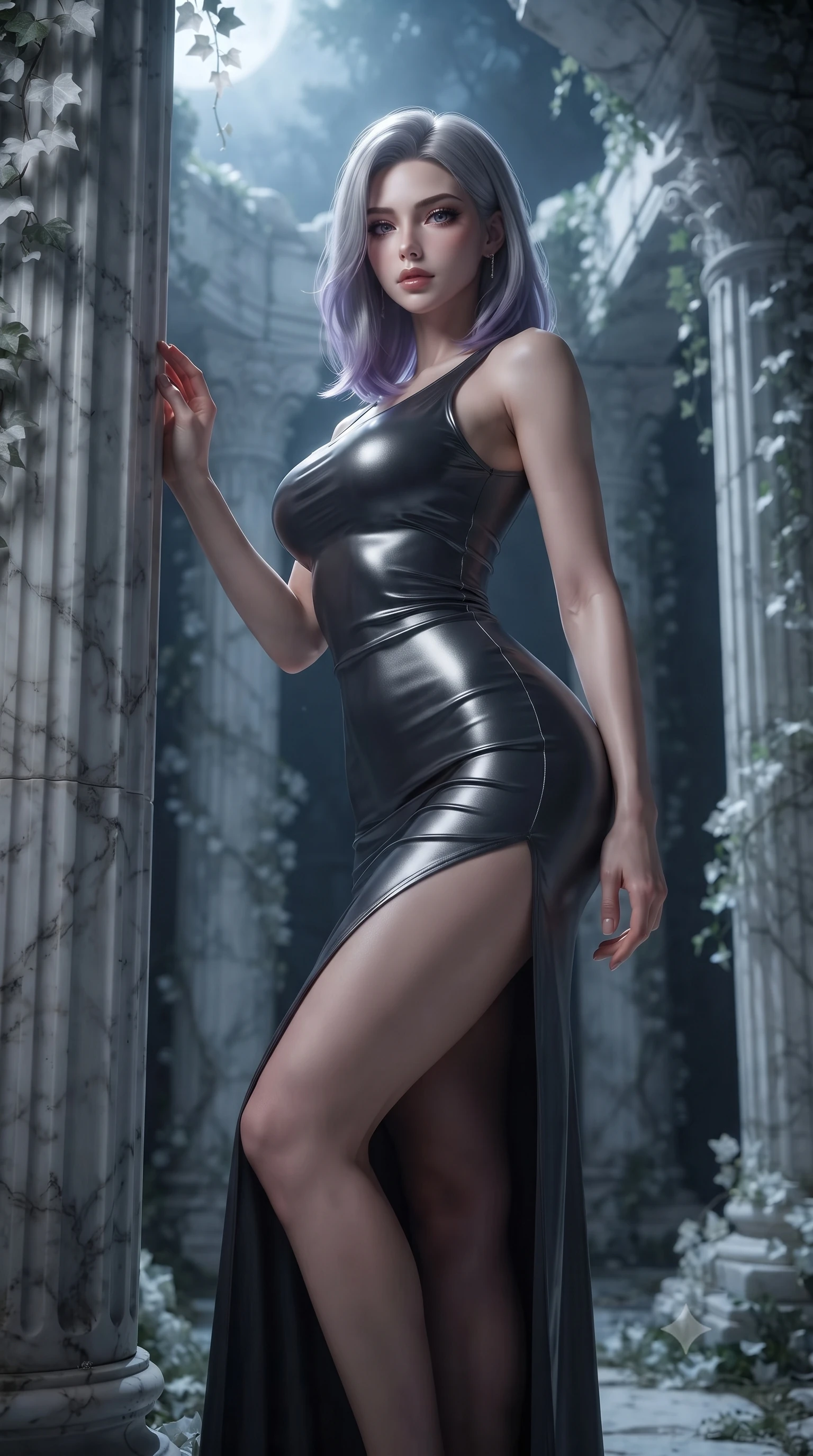 score_9, masterpiece, best quality, ultra-detailed, High-budget Anime Keyframe, editorial fashion photography, tasteful artistic composition, realistic cosplay photography, Caucasian woman, strictly human ears. Low angle cowboy shot filling the entire 9:16 frame with her statuesque presence. Scenario 289: leaning against a cold marble pillar inside a moonlit ancient temple with collapsing marble pillars and white ivy. Her presence is magnetic and overpowering in this high-budget cinematic scene. Outfit 289: a form-contouring molten liquid silk long with a thigh-high slit and tight-fitting silhouette. The clothing is designed to emphasize her exceptionally tall and slender 8-heads proportion. 8-heads proportion, towering silhouette, ultra-slim waist. sharp v-shaped jawline, intricate jewel-like eyes with depth, thick eyelashes, glossy lips. ultra-reflective glossy finish, specular highlights, metallic sheen, high-contrast stereoscopic depth, volumetric dynamic lighting, 2k, ultra detail, master piece, 9:16 ratio