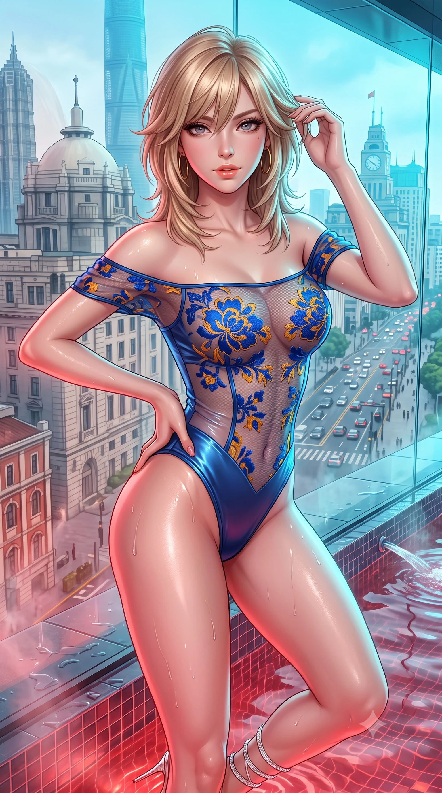 score_9, masterpiece, best quality, ultra-detailed, high-budget anime keyframe, semi-realistic 3D game render, editorial fashion photography, tasteful artistic composition, Japanese woman. close-up cowboy shot from the waist and thighs up, the character dominates the composition, filling the frame with her large presence. twisting her slender torso in an alluring contrapposto stance, one hand resting on her sculpted hip while her fingers toy with her hair with effortless poise while leaning against the infinity edge glass wall overlooking the Bund with hips cocked back, looking through rising mineral steam with an intoxicating bedroom-gaze. The surrounding environment is rendered in vivid detail and crisp panoramic clarity: detailed wet-look liquid vinyl bodysuit cling, gold hoop earrings shine, and high-altitude infinity pool craft in high resolution. She has an exceptionally elegant, slender, and willowy female figure with an ultra-slim waist, flat toned midriff, narrow ribcage, and sculpted feminine hips creating an alluring, slim hourglass silhouette without bulk. sharp v-shaped jawline, high-bridge nose, sparkling eyes with hypnotic seductive depth, thick curled eyelashes, glossy parted lips with a natural dewy peach sheen, alluring bedroom-eyes with an enchanting coquettish smile, exuding magnetic siren charisma and sophisticated glamour, flawlessly proportioned anatomical accuracy, strict slender model proportions, natural body alignment, perfectly sculpted long slender limbs, ultra-slim waistline, clean dynamic posture without body distortion. wearing an off-the-shoulder sheer-illusion mesh bodysuit with strategic floral flocking and high-cut leg openings in Marrakesh cobalt majorelle blue and saffron gold, crafted from fluid liquid silk satin that clings smoothly to every curve with a dewy sheen, complemented by strappy stiletto sandals with crystal ankle wraps accentuating her slender calves, the liquid-tight tailored fabric clinging flawlessly to her narrow waist and rounded feminine hips, emphasizing every millimeter of her sculpted slim hourglass curves without any bulky heaviness. bathed in warm underwater crimson pool illumination paired with cold neon cyan ambient skyline glow. highly saturated vibrant anime colors, detailed shading with soft gradients, rich glossy textures, high-contrast stereoscopic depth, volumetric dynamic lighting, master piece, 9:16 ratio
