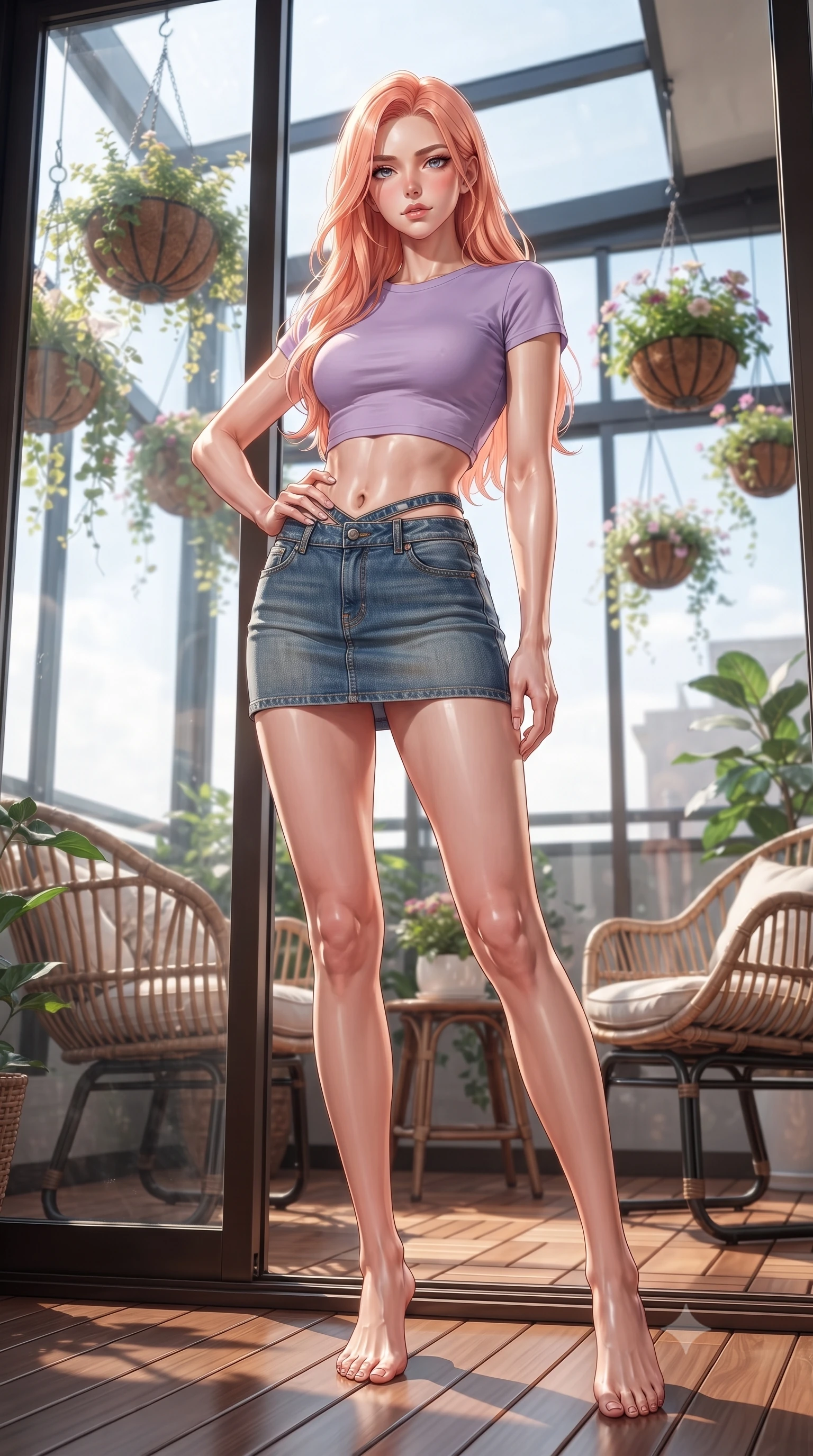 score_9, masterpiece, best quality, ultra-detailed, high-budget anime keyframe, editorial fashion photography, tasteful artistic composition, Japanese woman woman. low angle full-body shot from head to toe showing her feet, filling the entire 9:16 vertical frame with her statuesque presence, stretching her vertical silhouette. posing confidently with one hand on her hip, stretching her statuesque body to emphasize her curves the background shows a soft-focus a glass-walled balcony filled with hanging plant baskets and rattan chairs. She has an absolutely perfect, statuesque 8.5-heads proportion, an exceptionally tall and slender model-like female figure with impossibly long slender legs and an ultra-slim waist. sharp v-shaped jawline, high-bridge nose, intricate jewel-like eyes with depth, thick eyelashes, glossy lips with a natural sheen. wearing a slim-fit modern crop top in lavender cotton paired with a low-rise denim skirt and a subtle waist cut-out. bright afternoon sun rays illuminating the entire green space. ultra-reflective glossy finish, specular highlights, metallic sheen, high-contrast stereoscopic depth, volumetric dynamic lighting, 2k, ultra detail, master piece, 9:16 ratio