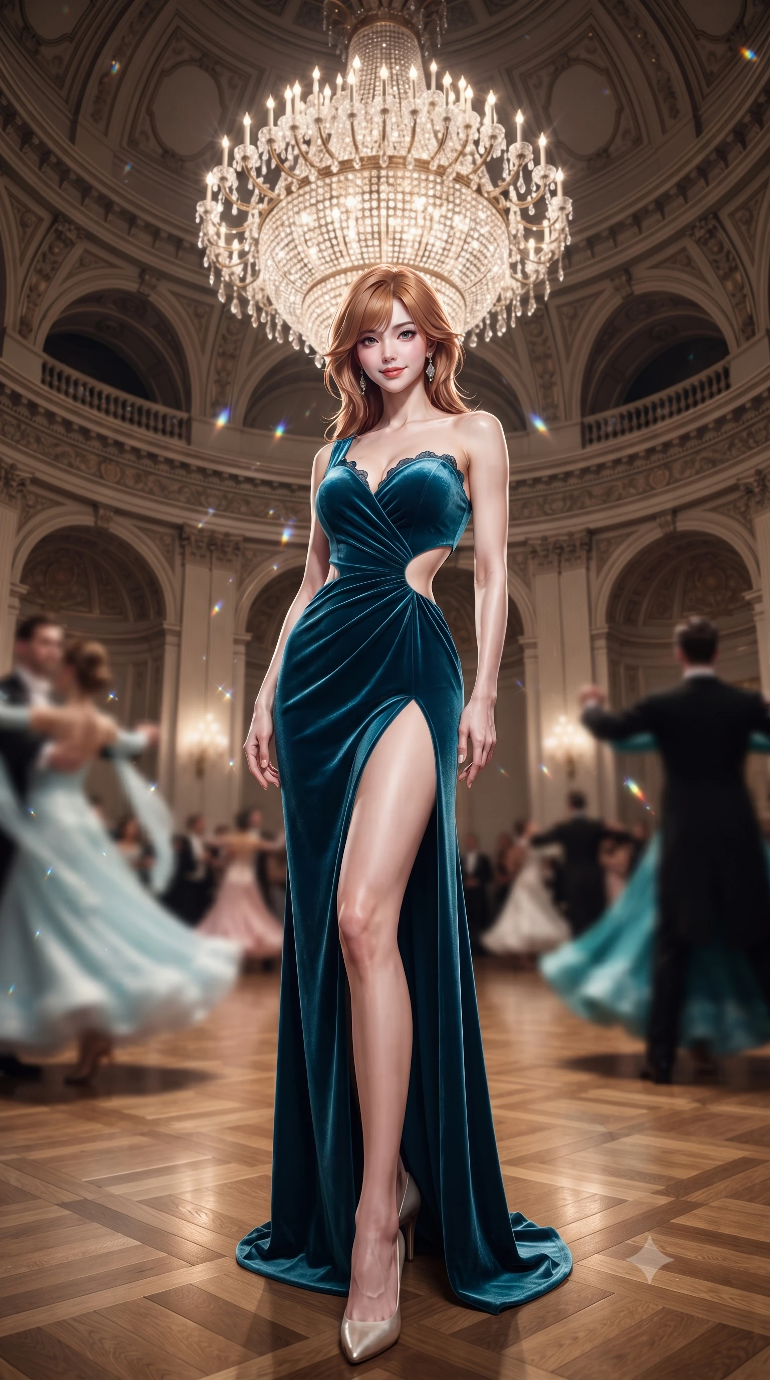 score_9, masterpiece, best quality, ultra-detailed, high-budget anime keyframe, editorial fashion photography, tasteful artistic composition, Korean woman. low angle full-body shot from head to toe showing her feet, filling the entire 9:16 vertical frame with her statuesque presence, stretching her vertical silhouette. lounging on the lavish daybed with legs crossed and hips angled toward the camera, displaying her toned midriff and long slender limbs with effortless siren poise while standing poised in the center of the polished parquet dance floor beneath the soaring domed rotunda, arching her back with breathtaking siren poise. The background shows a soft-focus swirling silk ballgowns softened in romantic Viennese midnight waltz shallow focus. She has an absolutely perfect, statuesque 8.5-heads proportion, an exceptionally tall and slender model-like female figure with impossibly long slender legs, an ultra-slim waist, a flat toned midriff, narrow delicate ribcage, and beautifully sculpted feminine hips creating a graceful, slim hourglass silhouette without any bulky heaviness. sharp v-shaped jawline, high-bridge nose, sparkling eyes with hypnotic seductive depth, thick curled eyelashes, glossy parted lips with a natural dewy peach sheen, alluring bedroom-eyes with an enchanting coquettish smile, exuding magnetic siren charisma and sophisticated glamour, flawlessly proportioned anatomical accuracy, strict slender model proportions, natural body alignment, perfectly sculpted long slender limbs, ultra-slim waistline, clean dynamic posture without body distortion. wearing an asymmetric one-shoulder liquid jersey gown with dramatic hip-high slit and sculptural waist cutout in Maldives ocean cyan and shimmering pearl white, tailored from ultra-plush velvet with rich tactile depth and deep shadow gradients, finished with scalloped eyelash lace trim framing her sweetheart neckline with intimate elegance, the liquid-tight tailored fabric clinging flawlessly to her narrow waist and rounded feminine hips, emphasizing every millimeter of her sculpted slim hourglass curves without any bulky heaviness. bathed in brilliant multi-directional crystal chandelier illumination creating sparkling prism highlights across the room. ultra-reflective glossy finish, specular highlights, rich textural contrasts, high-contrast stereoscopic depth, volumetric dynamic lighting, 2k, ultra detail, master piece, 9:16 ratio
