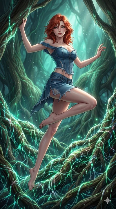 score_9, masterpiece, best quality, ultra-detailed, high-budget anime keyframe, Korean woman. low angle full-body shot filling the entire 9:16 frame with her statuesque presence, stretching the vertical silhouette. jumping amidst giant ancient tree r