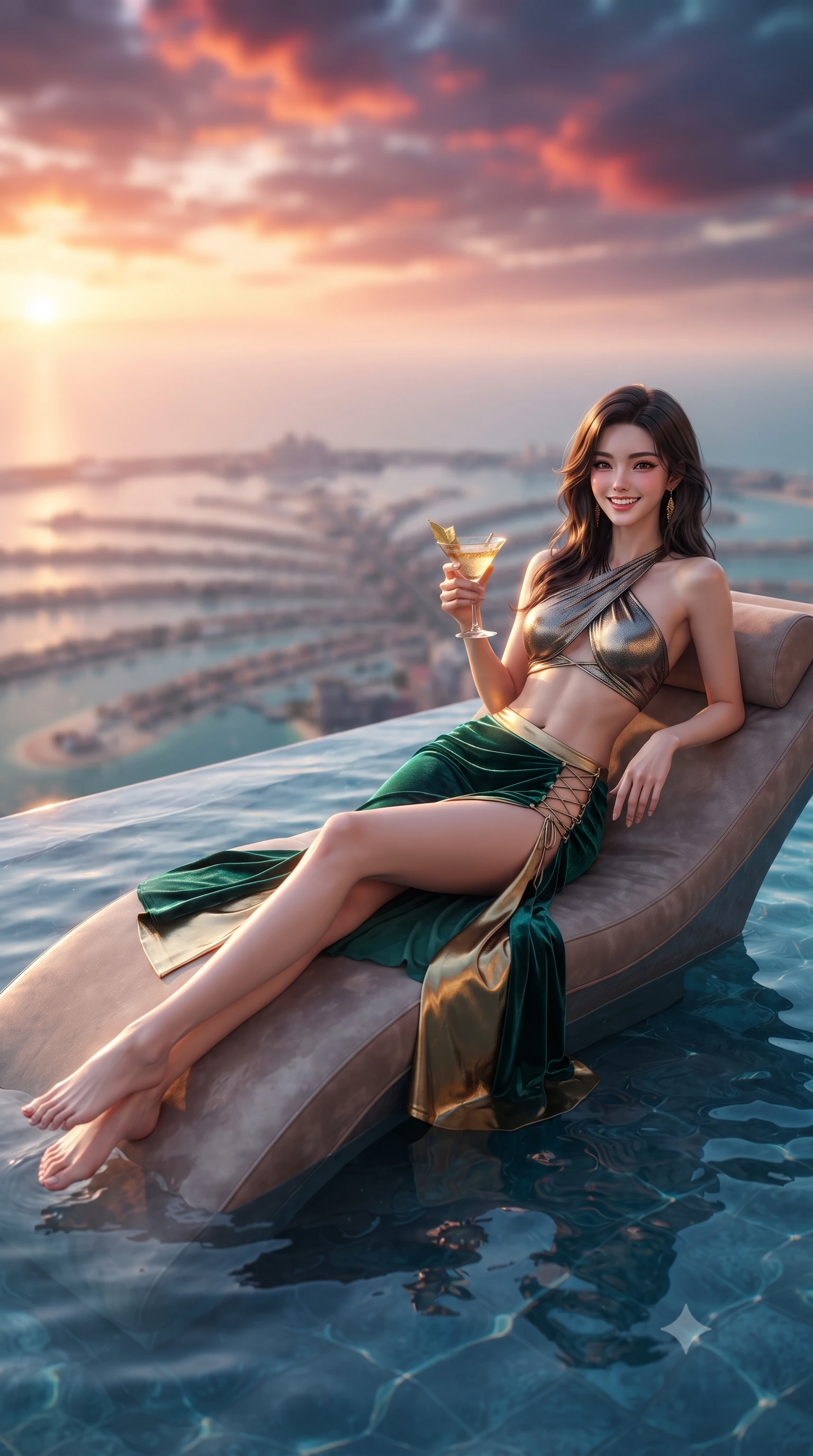 score_9, masterpiece, best quality, ultra-detailed, high-budget anime keyframe, editorial fashion photography, tasteful artistic composition, Korean woman. low angle full-body shot from head to toe showing her feet, filling the entire 9:16 vertical frame with her statuesque presence, stretching her vertical silhouette. reclining gracefully across the plush chaise lounge with one leg extended, her sculpted silhouette and flat midriff radiating magnetic nocturnal glamour while lounging gracefully on the submerged contoured chaise with legs extended, holding a gold-leaf cocktail with magnetic high-fashion charisma. The background shows a soft-focus sweeping Arabian Gulf coastline, Palm Jumeirah archipelago below, and fiery crimson-gold sunset cloudscape blurred into coral, turquoise, and violet bokeh. She has an exceptionally tall and slender model-like 8.5-heads proportion, an ultra-slim waist, a flat toned midriff, narrow delicate ribcage, and beautifully sculpted feminine hips creating a graceful, slim hourglass silhouette without any bulky heaviness, with impossibly long slender legs. sharp v-shaped jawline, high-bridge nose, intricate jewel-like sparkling eyes with depth, thick eyelashes, glossy parted lips with a natural peach sheen, bright cheerful beaming smile with an enchanting and coquettish sensual glint, exuding both youthful cute charm and seductive allure, flawlessly proportioned anatomical accuracy, strict slender model proportions, natural body alignment, perfectly sculpted long slender limbs, ultra-slim waistline, clean dynamic posture without body distortion. wearing a modern Arabian-inspired metallic lame wrap top with bare midriff and a high-slit chiffon harem pant skirt in Monte Carlo casino emerald green and polished brass, tailored from ultra-plush silk velvet with rich tactile depth and deep shadow gradients, featuring fine criss-cross lace-up side ties revealing tantalizing glimpses of her hip curve, the form-contouring silhouette accentuating her sculpted flat midriff, narrow delicate ribcage, and gracefully curvy hips with intoxicating allure. illuminated by pool water caustics bounce and sharp molten-gold rim lights defining her razor-sharp jawline, narrow waist, and curvy hips. ultra-reflective glossy finish, specular highlights, rich textural contrasts, high-contrast stereoscopic depth, volumetric dynamic lighting, 2k, ultra detail, master piece, 9:16 ratio