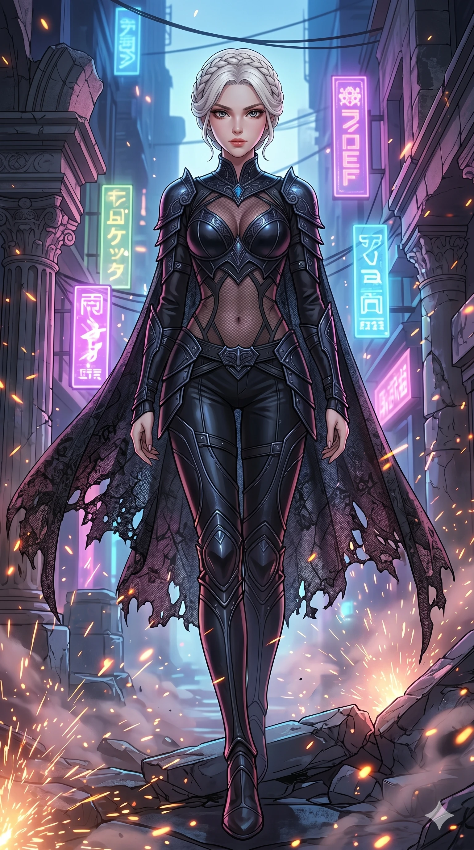 score_9, masterpiece, best quality, ultra-detailed, high-budget anime movie keyframe, cinematic anime lighting, intricate line art, Japanese woman. Low angle cowboy shot filling the entire 9:16 frame with her statuesque presence. exploring lost ruins in a neon-lit cyberpunk alleyway in a storm of sparks. She has an absolutely perfect 8-heads proportion, an exceptionally tall and slender female figure with an ultra-slim waist and impossibly long slender legs. sharp v-shaped jawline, high-bridge nose, intricate jewel-like eyes, thick eyelashes, glossy lips. Wearing dark fantasy gothic leather armor with ornate obsidian plates, a tattered lace cape, and sheer mesh cut-outs at the midriff, exuding a mysterious allure. The scene is illuminated by dramatic atmospheric lighting and vibrant color palettes. , 2k, ultra detail, master piece, 9:16 ratio