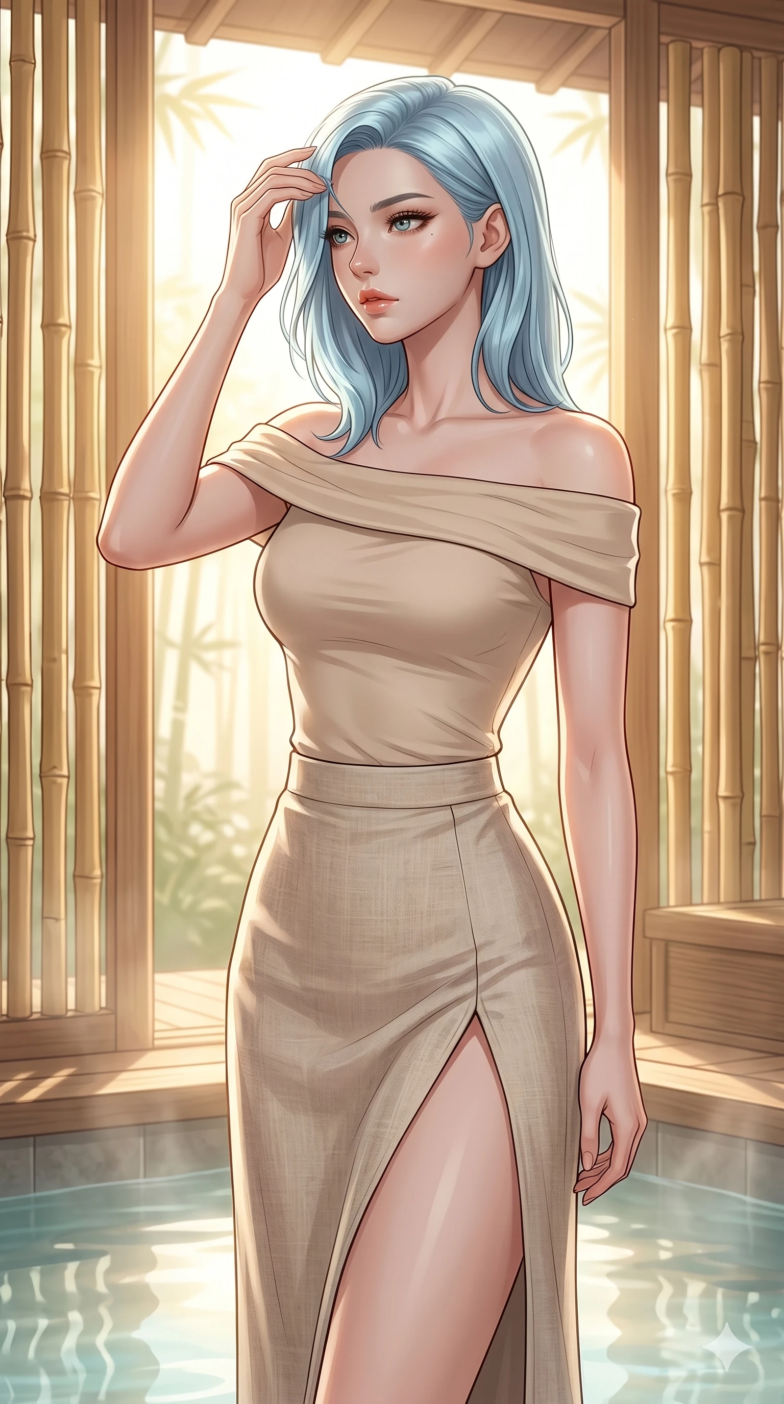 score_9, masterpiece, best quality, ultra-detailed, high-budget anime keyframe, editorial fashion photography, tasteful artistic composition, Korean woman. cowboy shot from the thighs up, character and outfit filling the frame for maximum editorial presence. wiping a lock of hair from her forehead, her expression cool and contemplative as she turns her head in a private hot spring pavilion with warm sunlight filtering through bamboo partitions (Code-P139). She has an absolutely perfect 8-heads proportion, an exceptionally tall and slender female figure with impossibly long slender legs and an ultra-slim waist. V-shaped jawline, high-bridge nose, intricate jewel-like eyes with depth, thick eyelashes, glossy lips with a natural sheen. wearing a beige off-shoulder top showing her elegant clavicle lines, and a split linen skirt. bathed in soft morning sunbeams flowing into the room, creating a bright, glowing atmosphere. 2k, ultra detail, master piece, 9:16 ratio