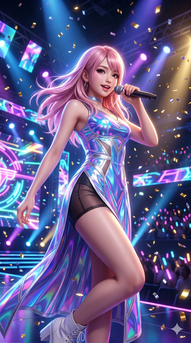 score_9, masterpiece, best quality, ultra-detailed, highly detailed CG unity 8k render, an incredibly beautiful Japanese woman. Dynamic low angle shot filling the frame. She has an absolutely cute and compact proportion, an petite female figure with a slim-fit toned body. Her face is a highly detailed masterpiece featuring a v-shaped jawline, high-bridge nose, intricate jewel-like eyes, thick eyelashes, and glossy lips. She has pastel pink flowing hair. She is wearing a form-fitting holographic pop-singer dress, high slit revealing sensual legs, highlighting her alluring silhouette. Colorful idol stage, falling confetti, dramatic rim lighting, cinematic shadows, 2k, ultra detail, master piece, 9:16 ratio