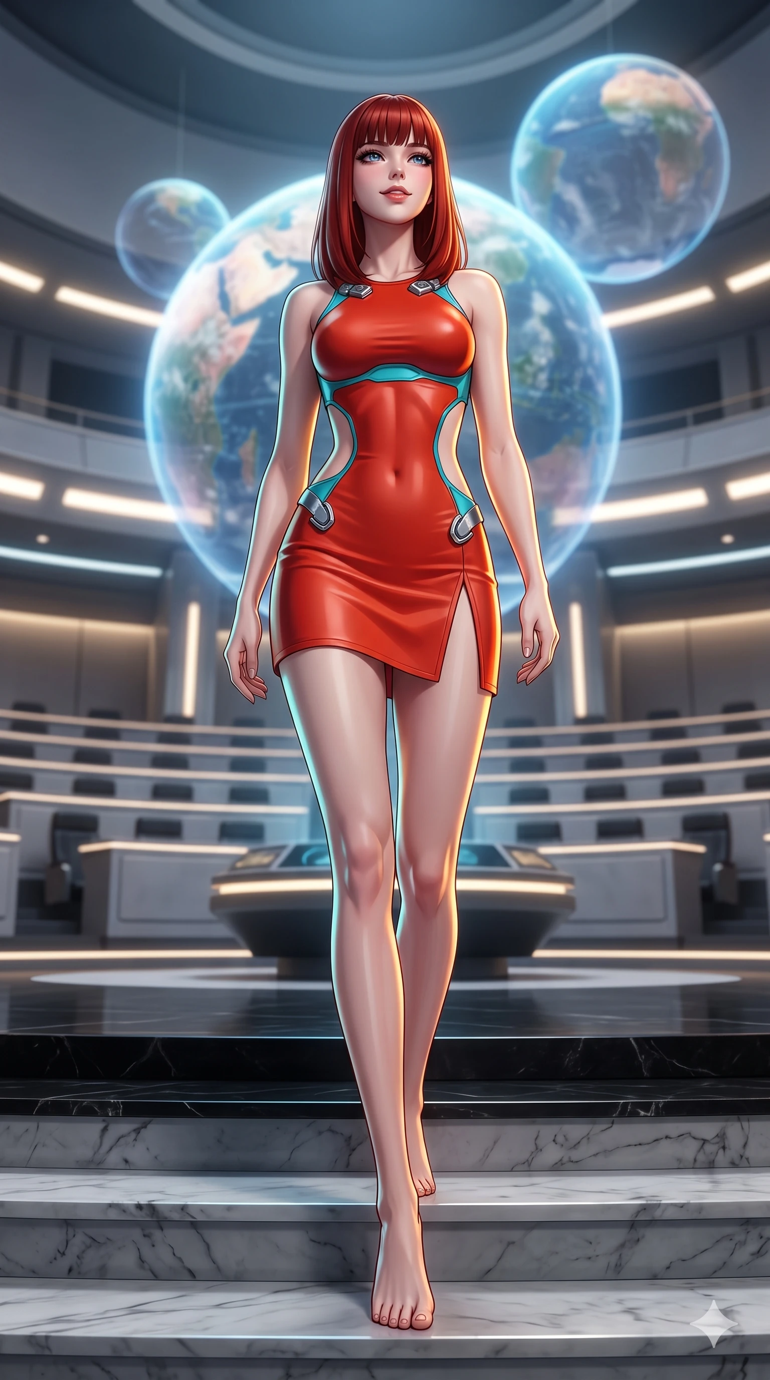 score_9, masterpiece, best quality, ultra-detailed, high-budget anime keyframe, semi-realistic 3D game render, editorial fashion photography, tasteful artistic composition, Caucasian woman. low angle full-body shot from head to toe showing her feet, filling the entire 9:16 vertical frame with her statuesque presence, stretching her vertical silhouette. sitting poised on the polished granite dais with one knee bent, arching her spine with supermodel elegance as she glances upward through thick eyelashes while walking slowly down the grand marble council steps with hypnotic grace, hips swaying in an alluring sensual rhythm that accentuates her curvy hourglass silhouette and long slender legs. The background shows a soft-focus colossal floating holographic rotating planetary spheres, multi-tiered semicircular council seating rows, and recessed lighting strips softened in prestigious sci-fi senate shallow focus. She has an absolutely perfect, statuesque 8.5-heads proportion, an exceptionally tall and slender model-like female figure with impossibly long slender legs, an ultra-slim waist, a flat toned midriff, narrow delicate ribcage, and beautifully sculpted feminine hips creating a graceful, slim hourglass silhouette without any bulky heaviness. sharp v-shaped jawline, high-bridge nose, intricate jewel-like sparkling eyes with depth, thick eyelashes, glossy parted lips with a natural sheen, bright confident smile with an enchanting and coquettish sensual glint, exuding both youthful magnetic charm and sovereign high-tech allure, flawlessly proportioned anatomical accuracy, strict slender model proportions, natural body alignment, perfectly sculpted long slender limbs, ultra-slim waistline, clean dynamic posture without body distortion. wearing a provocative open-waist cutout tactical mini dress framed by sculptural chrome hardware and thigh-high slit in cyber-shinto vermilion and laser turquoise, formed from supple thermal silicone composite adhering seamlessly like a second skin, finished with high-tension magnetic quick-release clasps glinting along her collarbones, the high-slit tactical tailoring accentuating her ultra-slim waistline and the enchanting curve of her feminine hips with alluring seductive charm. illuminated by polished black stone dais bounce and sharp gold-cyan rim lights sculpting her razor-sharp jawline, narrow waist, and curvy hips. highly saturated vibrant anime colors, detailed shading with soft gradients, rich glossy textures, high-contrast stereoscopic depth, volumetric dynamic lighting, master piece, 9:16 ratio