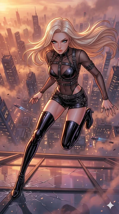 score_9, masterpiece, best quality, ultra-detailed, high-budget anime movie keyframe, cinematic anime lighting, intricate line art, Korean woman. Extreme high angle shot as she leaps towards the camera, filling the frame. surveying a sprawling mega-c