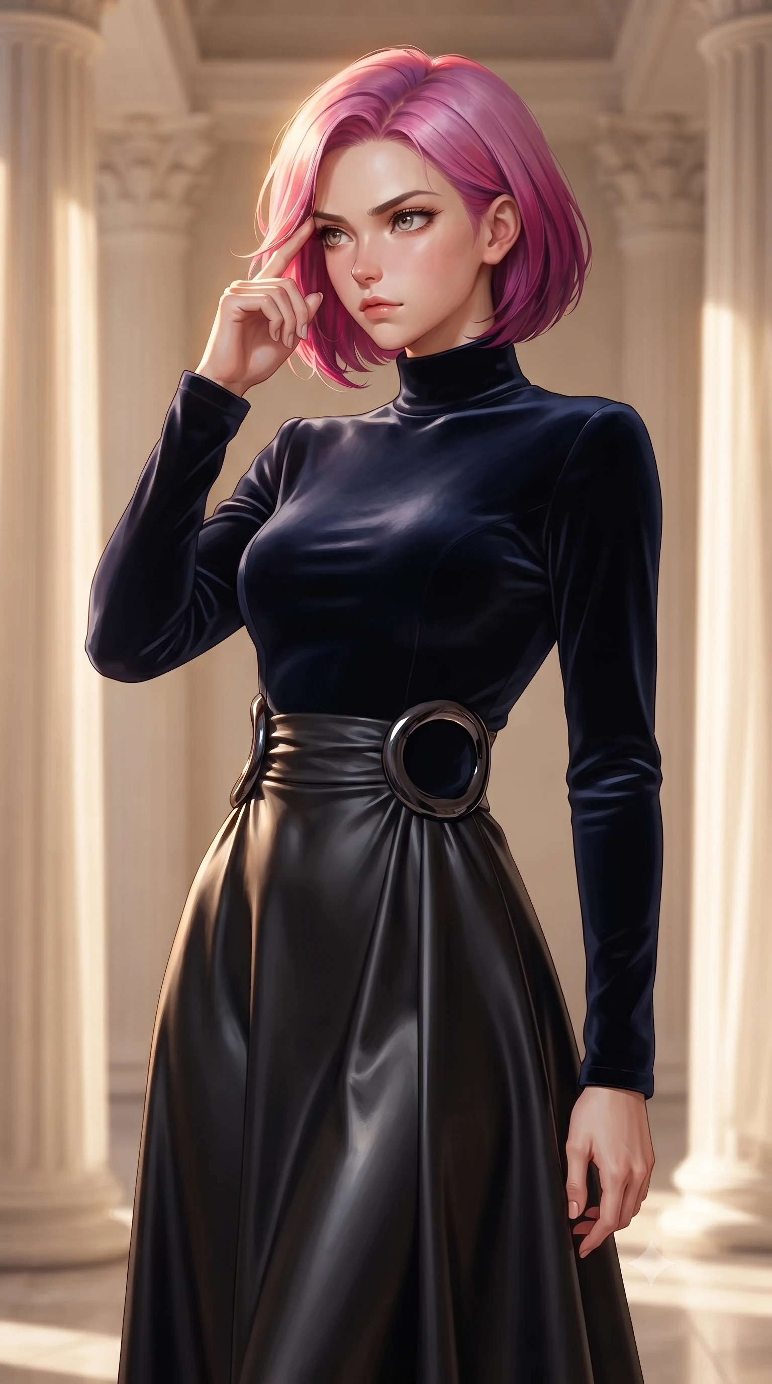 score_9, masterpiece, best quality, ultra-detailed, high-budget anime keyframe, editorial fashion photography, tasteful artistic composition, Caucasian woman. close-up cowboy shot from the waist and thighs up, the character dominates the composition, filling the frame with her large presence, background elements kept in soft focus. Pressing two fingers to her temple in a composed, sharp thoughtful gesture, resting against an alabaster pillar as golden sunlight warm her skin, dewy natural skin glow under bright sun-drenched lighting. She has an exceptionally elegant, slender, and willowy female figure with an ultra-slim waist, a gracefully sculpted slender torso, and a refined silhouette. sharp v-shaped jawline, high-bridge nose, intricate jewel-like eyes with depth, thick eyelashes, glossy lips with a natural sheen. wearing floor-length high-neck midnight navy velvet gown with long sleeves in dark charcoal gray, made of polished black leather, accented with sculpted obsidian chrome rings at the waist, the fitted fabric emphasizing her ultra-slim waist. bathed in warm golden afternoon sunbeams filtering through sheer ivory linen. ultra-reflective glossy finish, specular highlights, metallic sheen, high-contrast stereoscopic depth, volumetric dynamic lighting, 2k, ultra detail, master piece, 9:16 ratio