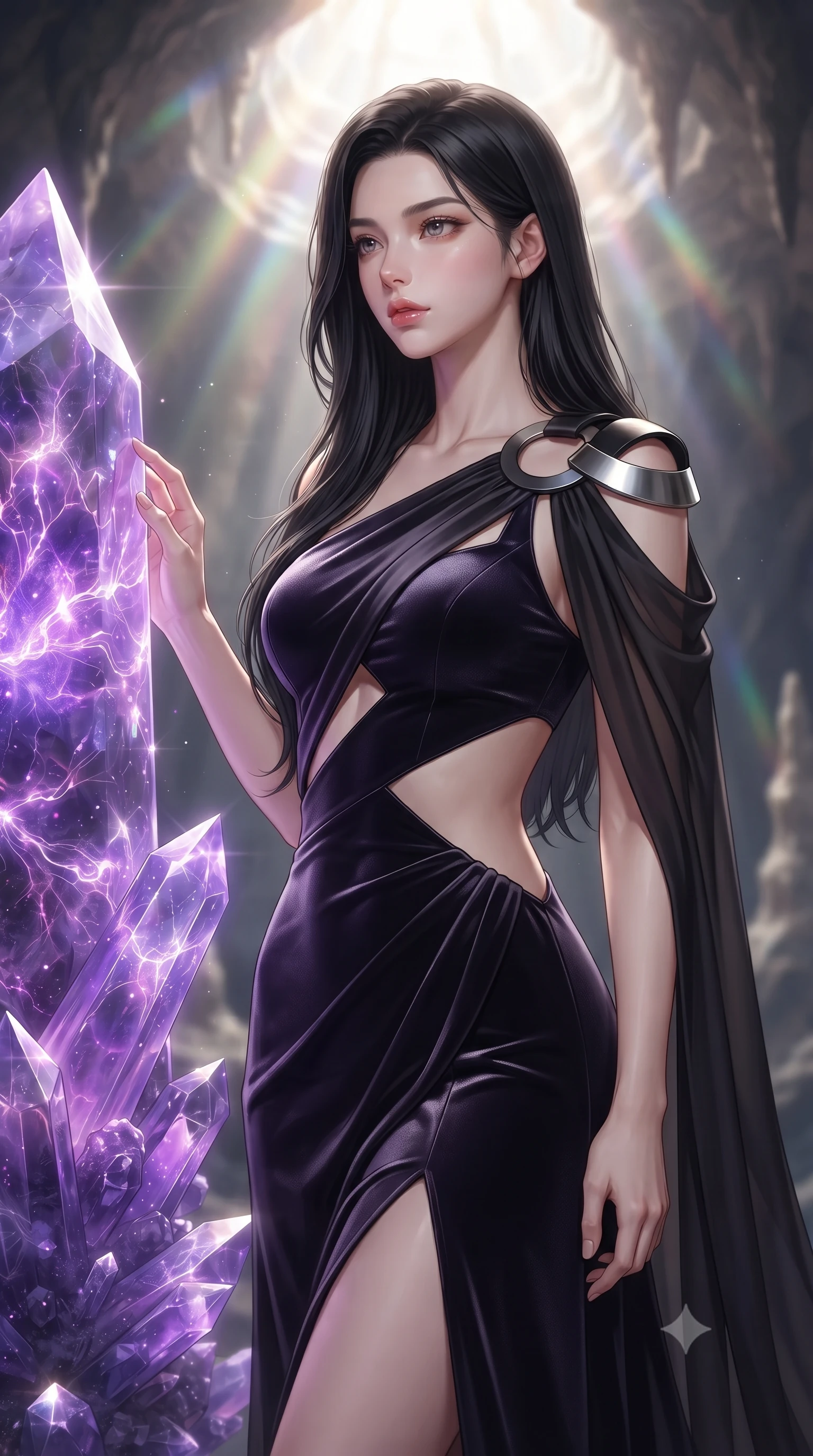 score_9, masterpiece, best quality, ultra-detailed, high-budget anime keyframe, editorial fashion photography, tasteful artistic composition, Korean woman. close-up cowboy shot from the waist and thighs up, the character dominates the composition, filling the frame with her large presence, background elements kept in soft focus. Gazing past the camera with an air of effortless elegance and mysterious confidence touching a giant floating violet crystal cluster emitting pulsing energy, sharp crystalline reflections creating an opulent, jewel-like ambience. She has an exceptionally elegant, slender, and willowy female figure with an ultra-slim waist, a gracefully sculpted slender torso, and a refined silhouette. sharp v-shaped jawline, high-bridge nose, intricate jewel-like eyes with depth, thick eyelashes, glossy lips with a natural sheen. wearing an asymmetrical Grecian draped chiffon gown with a metallic shoulder ring in matte black and polished silver, made of premium stretch velvet with a rich sheen, featuring subtle geometric cutouts that highlight her ultra-slim midriff, the elegant draped fit framing her graceful clavicle and slender torso. bathed in brilliant prismatic light filtering from a natural cavern skylight. ultra-reflective glossy finish, specular highlights, metallic sheen, high-contrast stereoscopic depth, volumetric dynamic lighting, 2k, ultra detail, master piece, 9:16 ratio