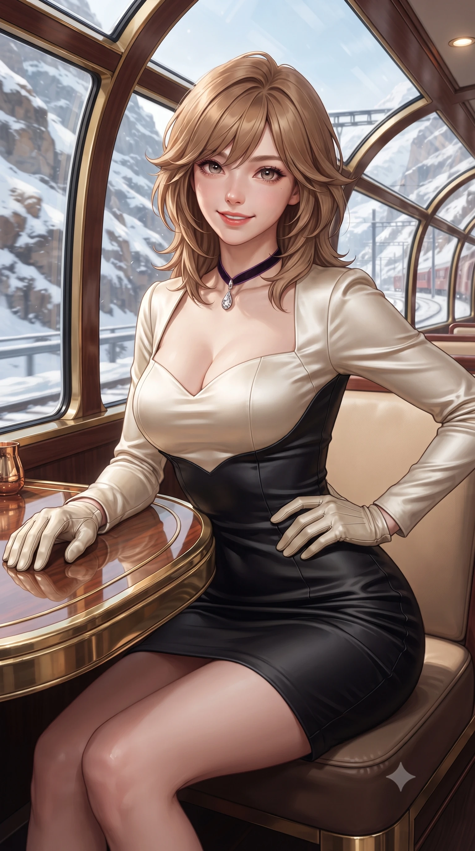 score_9, masterpiece, best quality, ultra-detailed, high-budget anime keyframe, editorial fashion photography, tasteful artistic composition, Korean woman. close-up cowboy shot from the waist and thighs up, the character dominates the composition, filling the frame with her large presence. arching her lower back slightly with one hand resting on her sculpted hip, looking into the camera with an enchanting and coquettish smile while sitting poised at the brass-trimmed wood dining table beneath the curved glass ceiling, watching snow canyons sweep past with an enchanted smile. The surrounding environment is rendered in vivid detail and crisp panoramic clarity: detailed wool cape coat drape, leather gloves held in hand, and Swiss heritage rail engineering in razor-sharp precision. She has an exceptionally elegant, slender, and willowy female figure with an ultra-slim waist, flat toned midriff, narrow ribcage, and sculpted feminine hips creating an alluring, slim hourglass silhouette without bulk. sharp v-shaped jawline, high-bridge nose, intricate jewel-like sparkling eyes with depth, thick eyelashes, glossy parted lips with a natural peach sheen, bright cheerful beaming smile with an enchanting and coquettish sensual glint, exuding both youthful cute charm and seductive allure, flawlessly proportioned anatomical accuracy, strict slender model proportions, natural body alignment, perfectly sculpted long slender limbs, ultra-slim waistline, clean dynamic posture without body distortion. wearing a sculpted sweetheart-neckline knit bodycon dress with long fitted sleeves and an ultra-snug bodice in gilded ivory pearl and rich obsidian, crafted from lustrous liquid satin crepe that drapes in body-clinging ripples catching ambient lights, finished with a narrow velvet neck ribbon and a sparkling teardrop crystal pendant, the second-skin tailored fabric adhering flawlessly to her sculpted flat midriff and slender torso, emphasizing her long leg lines and perfectly proportioned willowy build. illuminated by cherrywood interior reflection fill and sharp silver-gold rim lights defining her razor-sharp jawline and willowy silhouette. ultra-reflective glossy finish, specular highlights, rich textural contrasts, high-contrast stereoscopic depth, volumetric dynamic lighting, 2k, ultra detail, master piece, 9:16 ratio