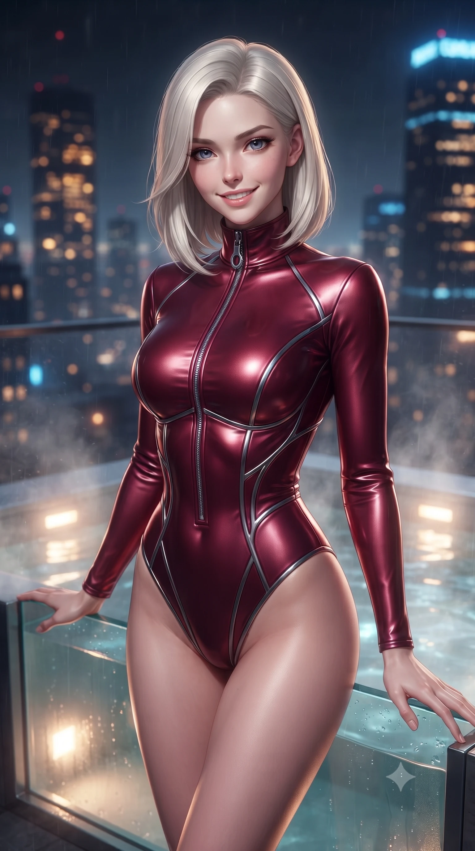 score_9, masterpiece, best quality, ultra-detailed, high-budget anime keyframe, editorial fashion photography, tasteful artistic composition, Caucasian woman. close-up cowboy shot from the waist and thighs up, the character dominates the composition, filling the frame with her large presence, background elements kept in soft focus. Smiling with quiet, magnetic self-assurance directly into the camera, poised at the edge of a lighted glass hot tub looking over a 2 AM metropolis, distant skyscraper lights forming soft amber and blue bokeh in the background. She has an exceptionally elegant, slender, and willowy female figure with an ultra-slim waist, a gracefully sculpted slender torso, and a refined silhouette. sharp v-shaped jawline, high-bridge nose, intricate jewel-like eyes with depth, thick eyelashes, glossy lips with a natural sheen. wearing sleek high-neck ribbed activewear bodysuit in matte black in deep crimson burgundy, made of polished black leather, finished with metallic silver boning and sleek zipper points, accentuating her gracefully sculpted slender torso. lit by low-key spotlighting contrasting with steam and rain mist. ultra-reflective glossy finish, specular highlights, metallic sheen, high-contrast stereoscopic depth, volumetric dynamic lighting, 2k, ultra detail, master piece, 9:16 ratio