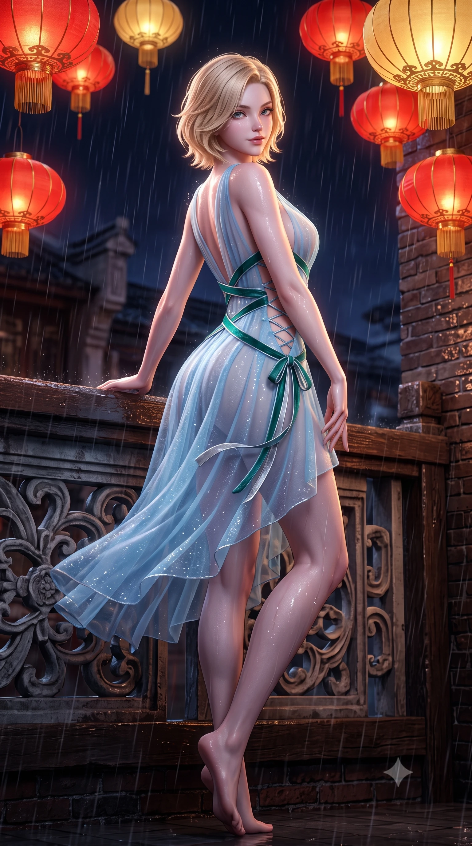 score_9, masterpiece, best quality, ultra-detailed, high-budget anime keyframe, semi-realistic 3D game render, editorial fashion photography, tasteful artistic composition, Caucasian woman. low angle full-body shot from head to toe showing her feet, filling the entire 9:16 vertical frame with her statuesque presence, stretching her vertical silhouette. leaning deep against the balcony balustrade with hips cocked back in an unapologetically alluring high-fashion stance, casting an intoxicating glance while twisting her slender torso in an alluring S-curve, glistening rain droplets and lantern light tracing her dewy skin and narrow waist. The surrounding environment is rendered in vivid detail and crisp panoramic clarity: sharp Shikumen carved stone pediment lintels, traditional brick bond masonry, and wet timber plank grain in deep focus. She has an exceptionally tall and slender model-like 8.5-heads proportion, an ultra-slim waist, a flat toned midriff, narrow delicate ribcage, and beautifully sculpted feminine hips creating a graceful, slim hourglass silhouette without any bulky heaviness, with impossibly long slender legs. sharp v-shaped jawline, high-bridge nose, intricate jewel-like sparkling eyes with depth, thick eyelashes, glossy parted lips with a natural peach sheen, bright cheerful beaming smile with an enchanting and coquettish sensual glint, exuding both youthful cute charm and seductive allure, flawlessly proportioned anatomical accuracy, strict slender model proportions, natural body alignment, perfectly sculpted long slender limbs, ultra-slim waistline, clean dynamic posture without body distortion. wearing a provocative semi-sheer icy blue tulle cocktail dress with velvet ribbon piping contouring her narrow waist and hips in Nordic aurora emerald green and starlight silver, made of fluid liquid jersey with seamless sculpting hold and smooth contours, featuring fine criss-cross lace-up side ties revealing tantalizing glimpses of her hip curve, the precision-cut side openings and low-back scoop framing her graceful spine and the sensual sweep of her slim, toned hips. bathed in the romantic red-and-gold 2200K glow of hanging silk lanterns contrasted with deep midnight rain ambient. highly saturated vibrant anime colors, detailed shading with soft gradients, rich glossy textures, high-contrast stereoscopic depth, volumetric dynamic lighting, master piece, 9:16 ratio