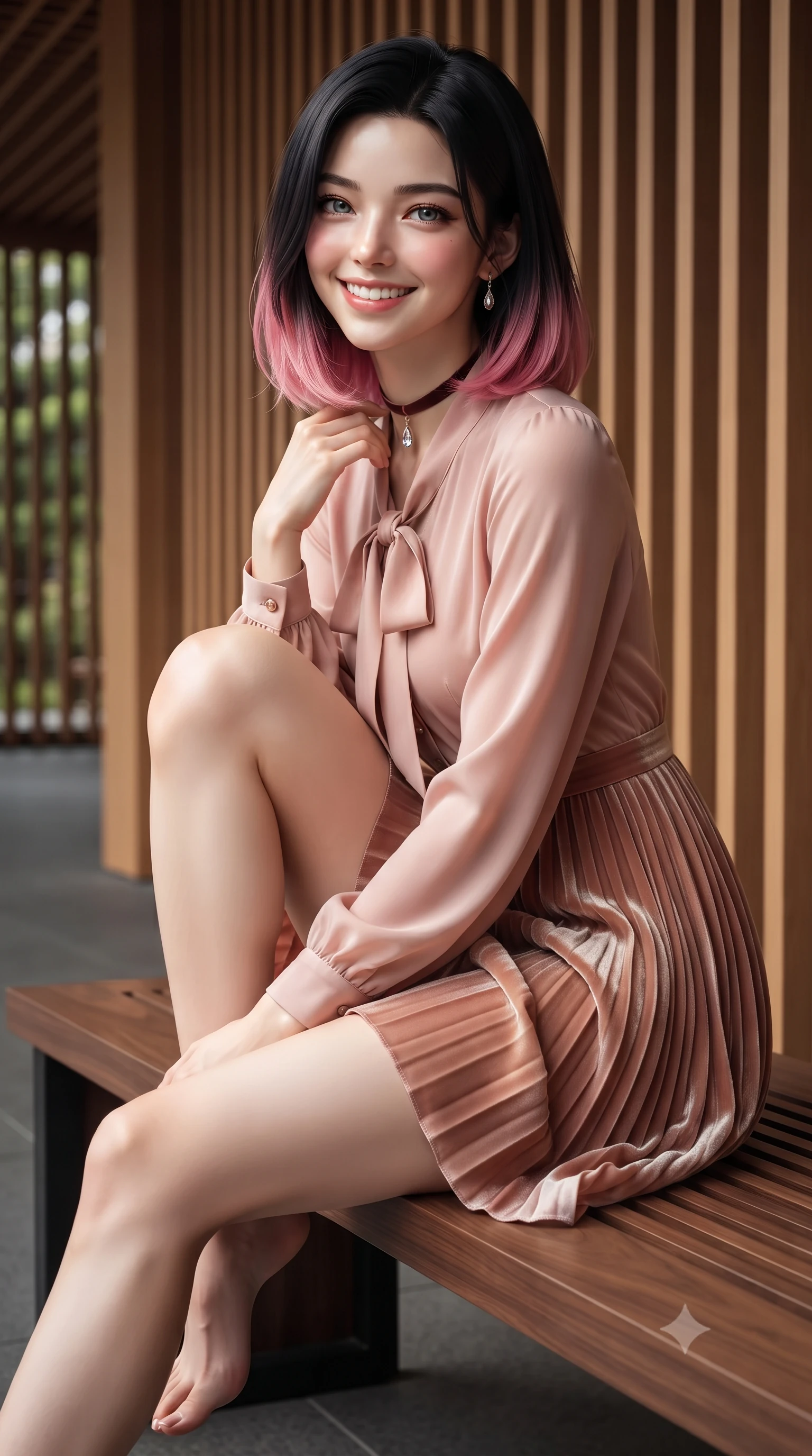 score_9, masterpiece, best quality, ultra-detailed, high-budget anime keyframe, editorial fashion photography, tasteful artistic composition, Korean woman. close-up cowboy shot from the waist and thighs up, the character dominates the composition, filling the frame with her large presence. perched sideways on the lounge seat, one knee drawn up to showcase her slender leg line while her arched back accentuates her feminine hip curve while sitting gracefully on the low walnut bench with legs crossed, running one manicured hand slowly down her collarbone with magnetic poise. The surrounding environment is rendered in vivid detail and crisp panoramic clarity: detailed outfit silhouette, fabric cling or tailoring, and Kengo Kuma-inspired minimalist architecture in high resolution. She has an exceptionally elegant, slender, and willowy female figure with an ultra-slim waist, flat toned midriff, narrow ribcage, and sculpted feminine hips creating an alluring, slim hourglass silhouette without bulk. sharp v-shaped jawline, high-bridge nose, intricate jewel-like sparkling eyes with depth, thick eyelashes, glossy parted lips with a natural peach sheen, bright cheerful beaming smile with an enchanting and coquettish sensual glint, exuding both youthful cute charm and seductive allure, flawlessly proportioned anatomical accuracy, strict slender model proportions, natural body alignment, perfectly sculpted long slender limbs, ultra-slim waistline, clean dynamic posture without body distortion. wearing an elegant long-sleeve silk georgette tea dress with pleated A-line skirt and neck pussy-bow in rose-quartz blush and antique burnished brass, tailored from ultra-plush silk velvet with rich tactile depth and deep shadow gradients, finished with a thin velvet ribbon choker and a single teardrop diamond pendant, the impeccably tailored cut draping gracefully along her slender figure with aristocratic poise. illuminated by glass reflection fill and sharp honey-gold rim lights defining her dewy collarbones, ultra-slim waist, and curvy hips. ultra-reflective glossy finish, specular highlights, rich textural contrasts, high-contrast stereoscopic depth, volumetric dynamic lighting, 2k, ultra detail, master piece, 9:16 ratio