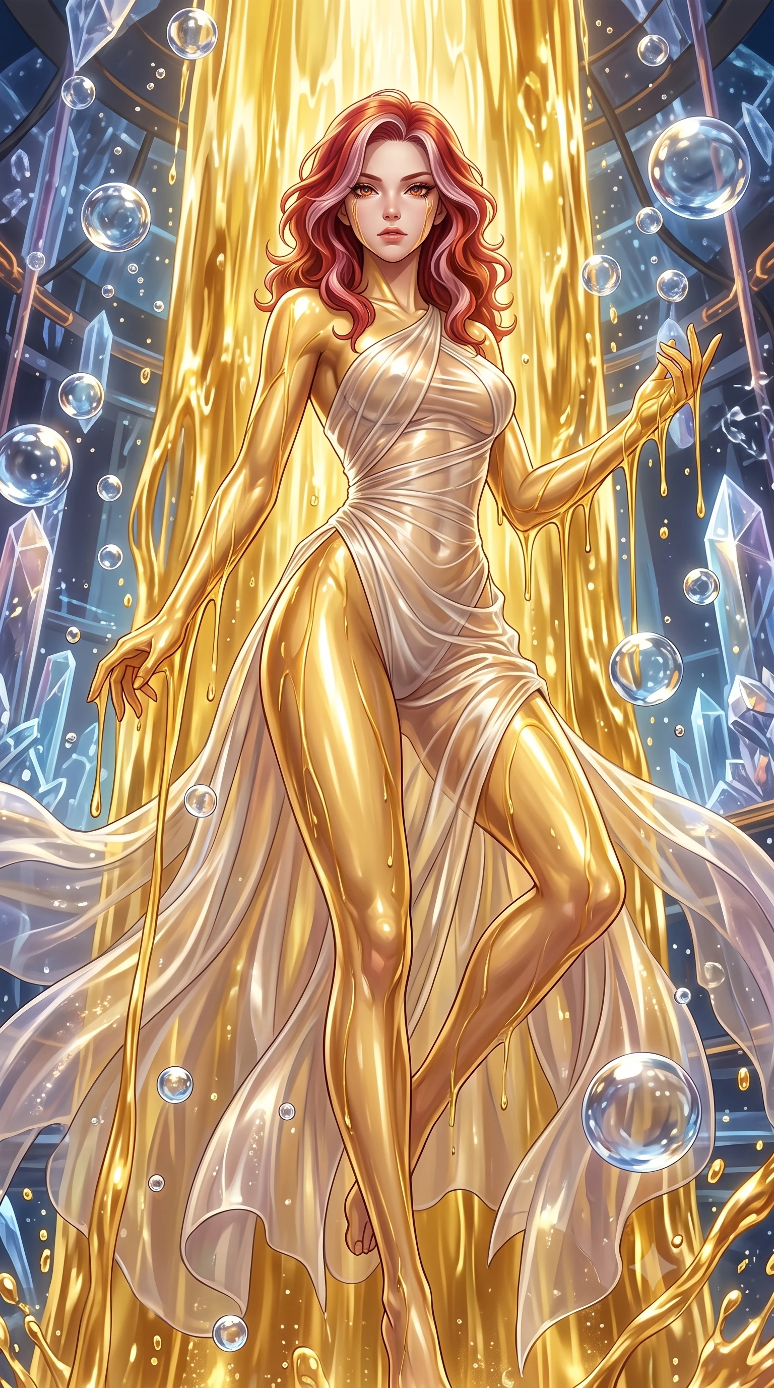score_9, masterpiece, best quality, ultra-detailed, High-budget Anime Keyframe, Caucasian woman, strictly human ears. Low angle cowboy shot filling the entire 9:16 frame with her statuesque presence. Scenario 345: standing under a waterfall of liquid gold, the fluid coating her form, in a zero-gravity sanctuary filled with floating water spheres. Her presence is magnetic and overpowering in this high-budget anime scene. Outfit 345: a form-contouring sheer organza liquid with a high-cut leg line and translucent layers. The clothing is designed to emphasize her exceptionally tall and slender 8-heads proportion. 8-heads proportion, towering silhouette, ultra-slim waist. sharp v-shaped jawline, intricate jewel-like eyes with depth, thick eyelashes, glossy lips. 2k, ultra detail, master piece, 9:16 ratio