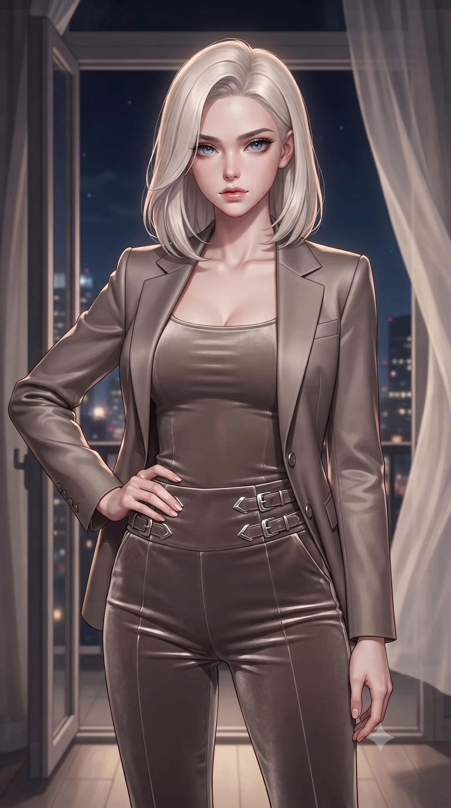 score_9, masterpiece, best quality, ultra-detailed, high-budget anime keyframe, editorial fashion photography, tasteful artistic composition, Caucasian woman. close-up cowboy shot from the waist and thighs up, the character dominates the composition, filling the frame with her large presence, background elements kept in soft focus. Holding a confident power pose with one hand on her hip, gazing directly into the camera with quiet intensity standing by an open balcony door as night city breezes flutter silk drapes, glistening city skyline lights twinkling softly through the massive window. She has an exceptionally elegant, slender, and willowy female figure with an ultra-slim waist, a gracefully sculpted slender torso, and a refined silhouette. sharp v-shaped jawline, high-bridge nose, intricate jewel-like eyes with depth, thick eyelashes, glossy lips with a natural sheen. wearing a tailored silk blazer over a form-contouring top and fitted slacks in muted taupe and soft ivory, made of premium stretch velvet with a rich sheen, detailed with polished silver buckles along the waistline, the sleek second-skin texture accentuating her magnetic presence. surrounded by a cozy, intimate glow with smooth high-contrast shading. ultra-reflective glossy finish, specular highlights, metallic sheen, high-contrast stereoscopic depth, volumetric dynamic lighting, 2k, ultra detail, master piece, 9:16 ratio