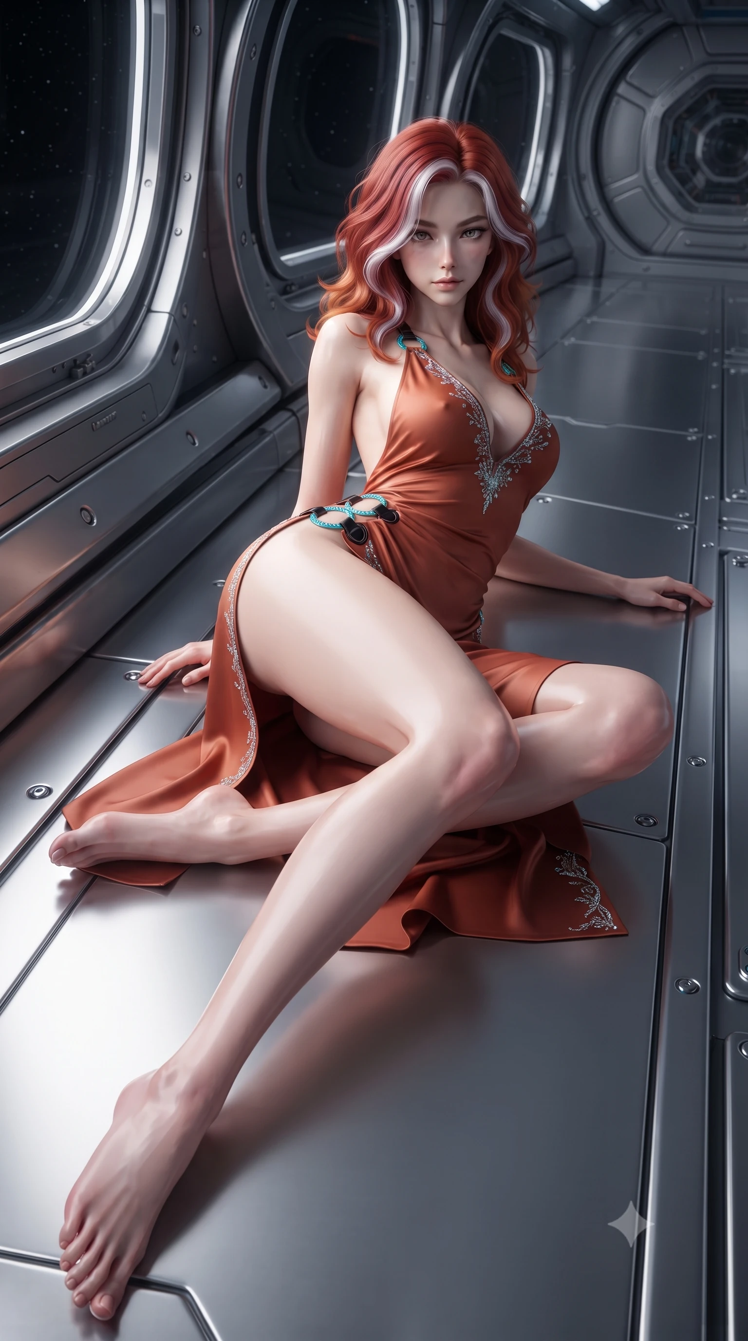 score_9, masterpiece, best quality, ultra-detailed, high-budget anime keyframe, editorial fashion photography, tasteful artistic composition, Caucasian woman. low angle full-body shot from head to toe showing her feet, filling the entire 9:16 vertical frame with her statuesque presence, stretching her vertical silhouette. reclining on her side in an elegant Cleopatra pose with one knee drawn up, the dramatic contour of her rounded hips and long slender legs commanding the 9:16 vertical frame while pivoting gracefully along the illuminated orbital corridor, her liquid metallic garments clinging to her sculpted flat midriff and feminine hips. The surrounding environment is rendered in vivid detail and crisp panoramic clarity. sharp curved station viewport frames, titanium bulkhead rivets, and magnetic deck seams in deep focus. She has an exceptionally tall and slender model-like 8.5-heads proportion, an ultra-slim waist, a flat toned midriff, narrow delicate ribcage, and beautifully sculpted feminine hips creating a graceful, slim hourglass silhouette without any bulky heaviness, with impossibly long slender legs. sharp v-shaped jawline, high-bridge nose, intricate jewel-like eyes with depth, thick eyelashes, glossy parted lips with a natural sheen, intensely captivating and seductive bedroom-eyes expression, flawlessly proportioned anatomical accuracy, strict slender model proportions, natural body alignment, perfectly sculpted long slender limbs, ultra-slim waistline, clean dynamic posture without body distortion. wearing a backless terracotta silk wrap dress featuring high-cut side hip slits and turquoise ring hardware in electric cyan and high-gloss lacquer black, tailored from liquid silk jersey adhering flawlessly to her slender build, finished with delicate crystal frost embroidery tracing the plunging neckline, the liquid-tight tailored fabric clinging flawlessly to her narrow waist and rounded feminine hips, emphasizing every millimeter of her sculpted slim hourglass curves without any bulky heaviness. illuminated by sleek metallic specular reflections sharply defining her bare collarbones, ultra-slim waist, and curvy hips. ultra-reflective glossy finish, specular highlights, rich textural contrasts, high-contrast stereoscopic depth, volumetric dynamic lighting, 2k, ultra detail, master piece, 9:16 ratio