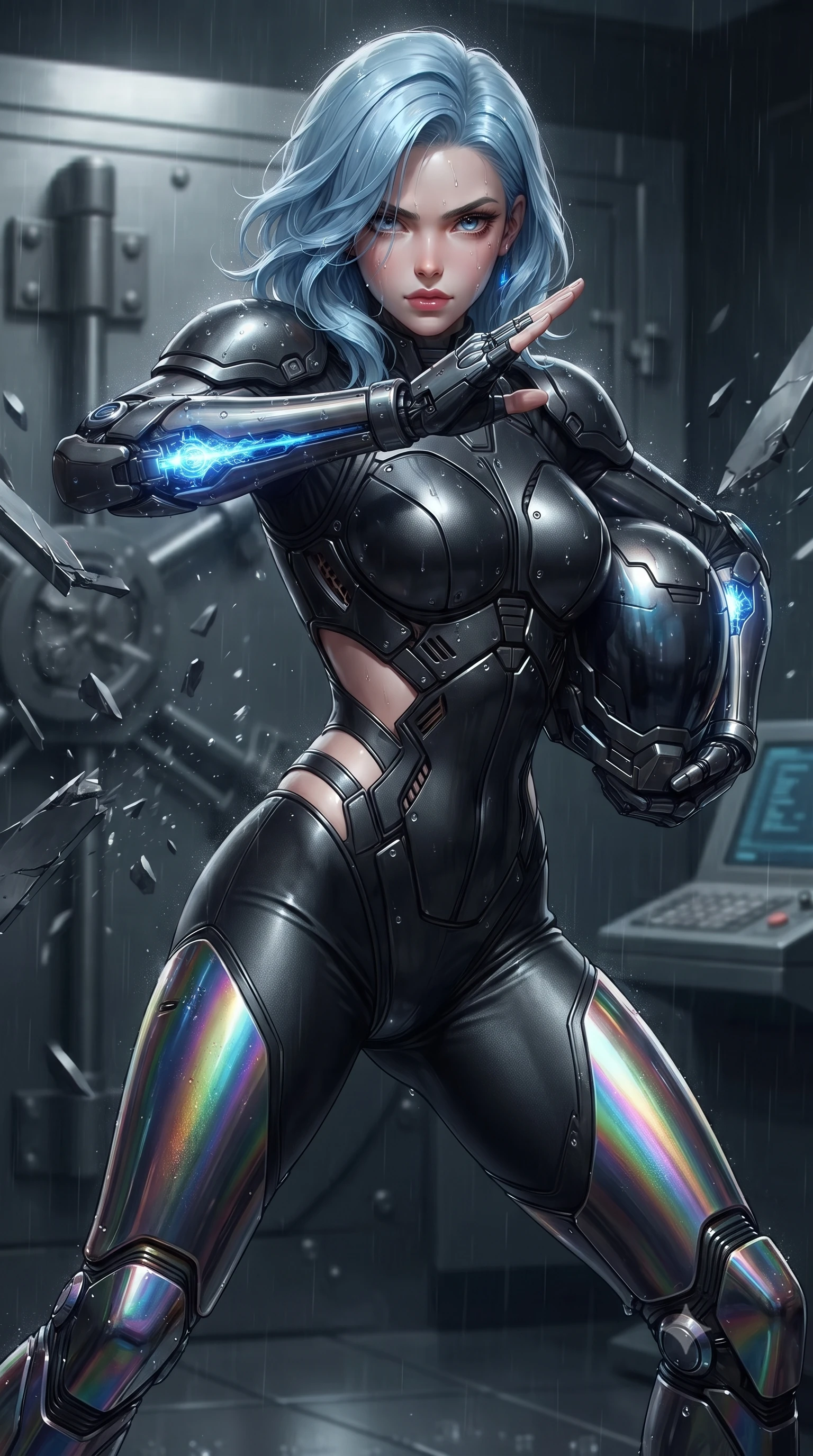 score_9, masterpiece, best quality, ultra-detailed, high-budget anime keyframe, editorial fashion photography, tasteful artistic composition, Korean woman. close-up cowboy shot from the waist and thighs up, the character dominates the composition, filling the frame with her large presence. twisting her upper body in a dynamic S-curve martial arts stance, cybernetic elbow dampers glowing with blue energy as she aims a focused palm strike while pivoting dynamically through escaping coolant steam as her heavy carbon shoulder guards smash through steel barricades. The composition keeps background elements in soft focus with creamy bokeh. heavy vault door mechanisms and security terminal consoles softened in moody atmospheric depth. She has an exceptionally elegant, slender, and willowy female figure with an ultra-slim waist, a gracefully sculpted slender torso, toned flat midriff, and a refined slim silhouette. sharp v-shaped jawline, high-bridge nose, intricate jewel-like eyes with depth, thick eyelashes, glossy lips with a natural sheen, fierce and resolute heroine expression, flawlessly proportioned anatomical accuracy, strict slender model proportions, natural body alignment, perfectly sculpted long slender limbs, ultra-slim waistline, clean dynamic posture without body distortion. holding a modular carbon battle-helmet under one arm, her flawless face and sculpted neck exposed to the rain with determined warrior focus, paired with a form-contouring high-mobility battle-suit featuring sculpted carbon chest plating, diagonal midriff ventilation cutouts, and kinetic knee vambraces in high-gloss iridescent rainbow carbon with scorched titanium plating, made of liquid carbon-jersey fabric accentuating every curve of her tall, slender model proportions, detailed with kinetic shock-dampening knuckle guards and polished chrome connection joints, the form-contouring material adhering flawlessly to her sculpted flat midriff and slender torso, emphasizing her long leg lines and perfectly proportioned willowy build. illuminated by sharp specular highlights tracing her ultra-slim waist, long legs, and sculpted armor plates. ultra-reflective glossy finish, specular highlights, dark metallic sheen, high-contrast stereoscopic depth, volumetric dynamic lighting, 2k, ultra detail, master piece, 9:16 ratio