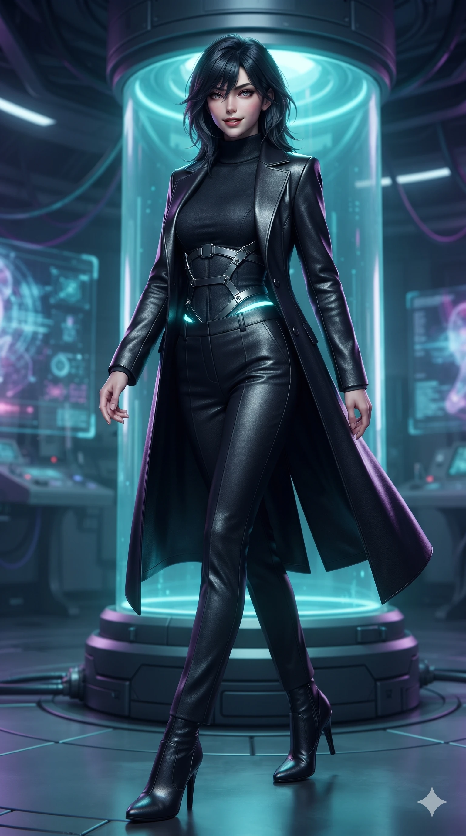 score_9, masterpiece, best quality, ultra-detailed, high-budget anime keyframe, editorial fashion photography, tasteful artistic composition, Caucasian woman. low angle full-body shot from head to toe showing her feet, filling the entire 9:16 vertical frame with her statuesque presence, stretching her vertical silhouette. navigating the midnight sanctuary with an effortless, graceful stride, hips swaying in an alluring sensual rhythm while twisting her slender torso in an alluring S-curve beside the cylindrical glass stasis chamber, cyan bioluminescence tracing her flat midriff and hips. The background shows a soft-focus subterranean high-tech laboratory softened in cybernetic sanctuary shallow focus. She has an absolutely perfect, statuesque 8.5-heads proportion, an exceptionally tall and slender model-like female figure with impossibly long slender legs, an ultra-slim waist, a flat toned midriff, narrow delicate ribcage, and beautifully sculpted feminine hips creating a graceful, slim hourglass silhouette without any bulky heaviness. sharp v-shaped jawline, high-bridge nose, intricate jewel-like dark sparkling eyes with hypnotic seductive depth, thick curled eyelashes, glossy parted lips with a natural wine sheen, alluring bedroom-eyes with an enigmatic smoldering smile, exuding magnetic sovereign charisma and dark avant-garde glamour, flawlessly proportioned anatomical accuracy, strict slender model proportions, natural body alignment, perfectly sculpted long slender limbs, ultra-slim waistline, clean dynamic posture without body distortion. wearing a structured dark leather long coat over a turtleneck and tailored slacks in pure obsidian monochrome with subtle metallic sheen, woven from bespoke high-density barathea wool with refined ceremonial hold, highlighted by a gunmetal metallic harness structure, accentuating her gracefully sculpted slender torso and statuesque proportions. illuminated by stasis fluid floor bounce and sharp electric-cyan rim lights defining her razor-sharp jawline, narrow waist, and curvy hips. ultra-reflective glossy finish, specular highlights, metallic sheen, high-contrast stereoscopic depth, volumetric dynamic lighting, 2k, ultra detail, master piece, 9:16 ratio