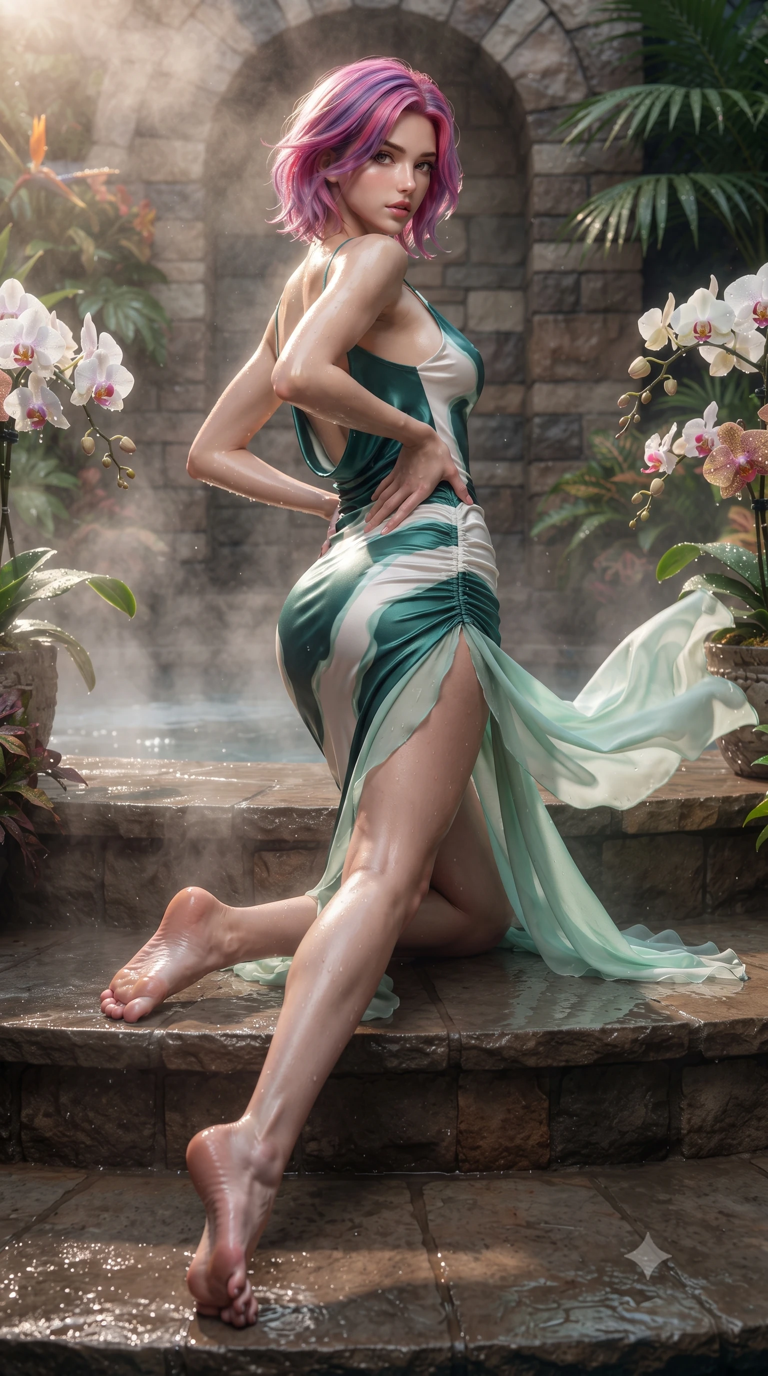 score_9, masterpiece, best quality, ultra-detailed, high-budget anime keyframe, editorial fashion photography, tasteful artistic composition, Caucasian woman. low angle full-body shot from head to toe showing her feet, filling the entire 9:16 vertical frame with her statuesque presence, stretching her vertical silhouette. executing an elegant mid-motion pivot turn as garments swirl around her slender limbs, glancing over her shoulder with an intoxicating bedroom-gaze while kneeling gracefully on a wet stone pool step with one hand on her hip, thermal steam rising to caress her feminine curves. The surrounding environment is rendered in vivid detail and crisp panoramic clarity. detailed dew droplets on exotic orchids, wet skin water beads, and stone masonry in high clarity. She has an absolutely perfect, statuesque 8.5-heads proportion, an exceptionally tall and slender model-like female figure with impossibly long slender legs, a toned flat midriff, an ultra-slim waist, and beautifully sculpted feminine hips. sharp v-shaped jawline, high-bridge nose, intricate jewel-like eyes with depth, thick eyelashes, glossy parted lips with a natural sheen, intensely captivating and seductive bedroom-eyes expression, flawlessly proportioned anatomical accuracy, strict slender model proportions, natural body alignment, perfectly sculpted long slender limbs, ultra-slim waistline, clean dynamic posture without body distortion. wearing a wet-look emerald silk slip dress with an ultra-deep cowl back and hip-defining side ruching in pure alabaster white and eucalyptus mint, made of liquid bamboo jersey adhering seamlessly to her slender frame, finished with breezy sheer chiffon train panels floating in the warm breeze, the liquid-tight tailored fabric clinging flawlessly to her narrow waist and rounded feminine hips, emphasizing every millimeter of her sculpted hourglass curves during movement. illuminated by wet specular highlights accentuating her slender neckline, sculpted waist, and rounded hips. ultra-reflective glossy finish, specular highlights, rich textural contrasts, high-contrast stereoscopic depth, volumetric dynamic lighting, 2k, ultra detail, master piece, 9:16 ratio