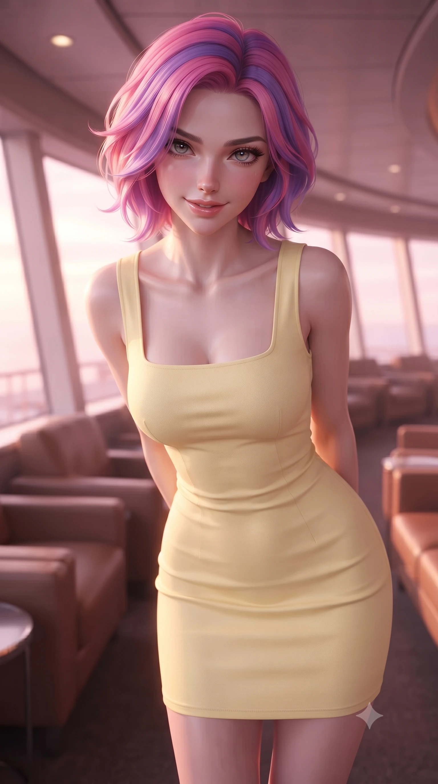 score_9, masterpiece, best quality, ultra-detailed, high-budget anime keyframe, editorial fashion photography, tasteful artistic composition, Caucasian woman. close-up cowboy shot from the waist and thighs up, the character dominates the composition, filling the frame with her large presence, background elements kept in soft focus. leaning slightly forward with a playful, teasing smile, her gaze locked onto the viewer the background shows a soft-focus a panoramic rail observation deck with comfortable leather lounge seats. She has an exceptionally elegant, slender, and willowy female figure with an ultra-slim waist, a gracefully sculpted slender torso, and a refined silhouette. sharp v-shaped jawline, high-bridge nose, intricate jewel-like eyes with depth, thick eyelashes, glossy lips with a natural sheen. wearing a slim-fit casual summer sundress in pale yellow cotton with a simple square neckline. soft pink and amber sunset glow painting the cabin in a romantic wash. ultra-reflective glossy finish, specular highlights, metallic sheen, high-contrast stereoscopic depth, volumetric dynamic lighting, 2k, ultra detail, master piece, 9:16 ratio