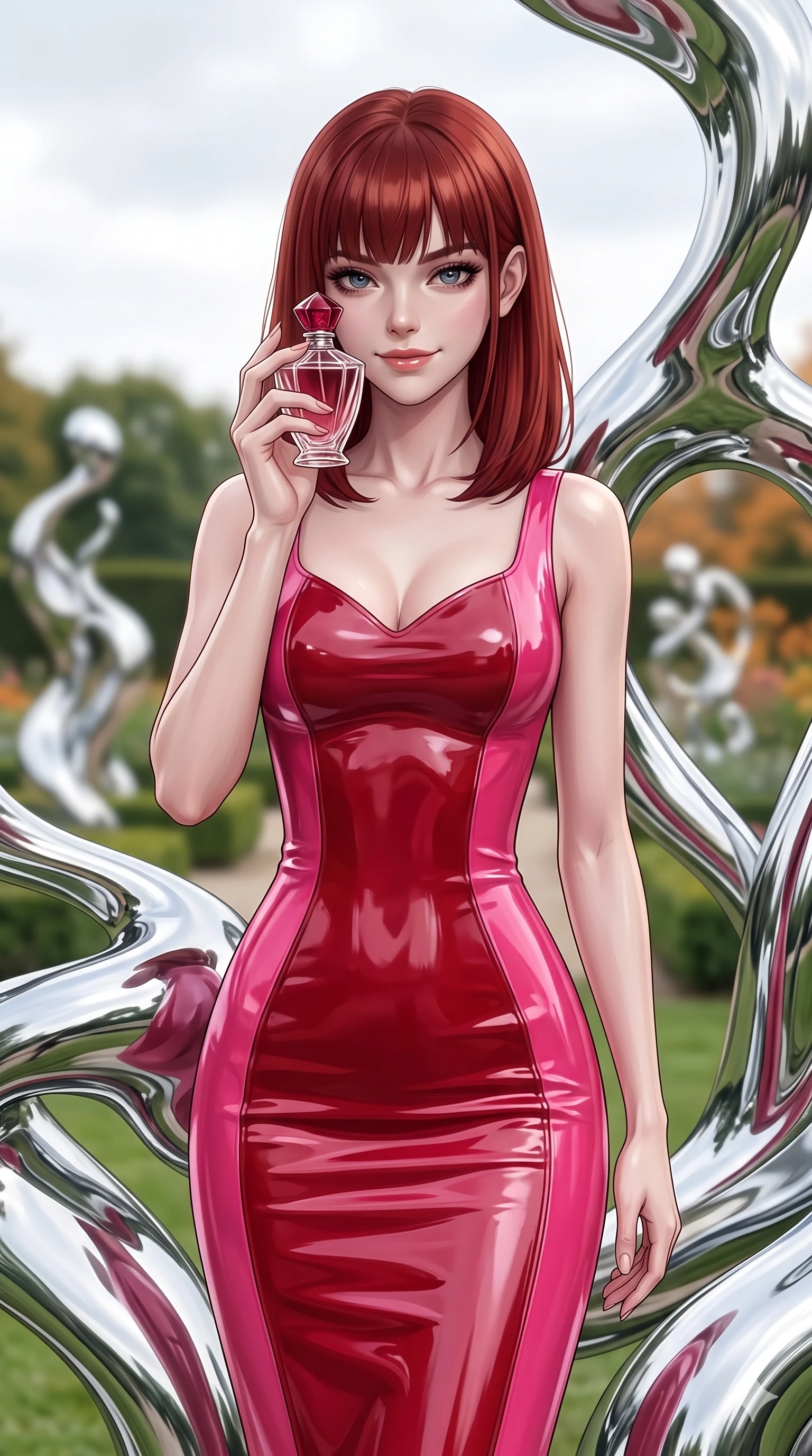 score_9, masterpiece, best quality, ultra-detailed, high-budget anime keyframe, editorial fashion photography, tasteful artistic composition, Caucasian woman, strictly human ears. close-up cowboy shot from the waist and thighs up, the character dominates the composition, filling the frame with her large presence, background elements kept in soft focus. Holding a delicate object up near her face while gazing at the viewer with a knowing smile. set against a soft-focus background of a manicured garden filled with abstract sculptures made of living liquid chrome that constantly shift and reshape themselves reflecting and distorting the surrounding landscape in mercurial curves. She has an exceptionally elegant and slender, willowy female figure with an ultra-slim waist, a gracefully sculpted slender torso, and a refined slim physique. sharp v-shaped jawline, high-bridge nose, intricate jewel-like eyes with depth, thick eyelashes, glossy lips with a natural sheen. wearing a glossy vinyl-effect pencil dress in dual-tone cherry red and hot pink, sculpting her slender silhouette with lacquered perfection. bright overcast sky providing even soft light that creates perfect mirror reflections on the chrome surfaces with subtle warm undertones from the garden greenery. 2k, ultra detail, master piece, 9:16 ratio
