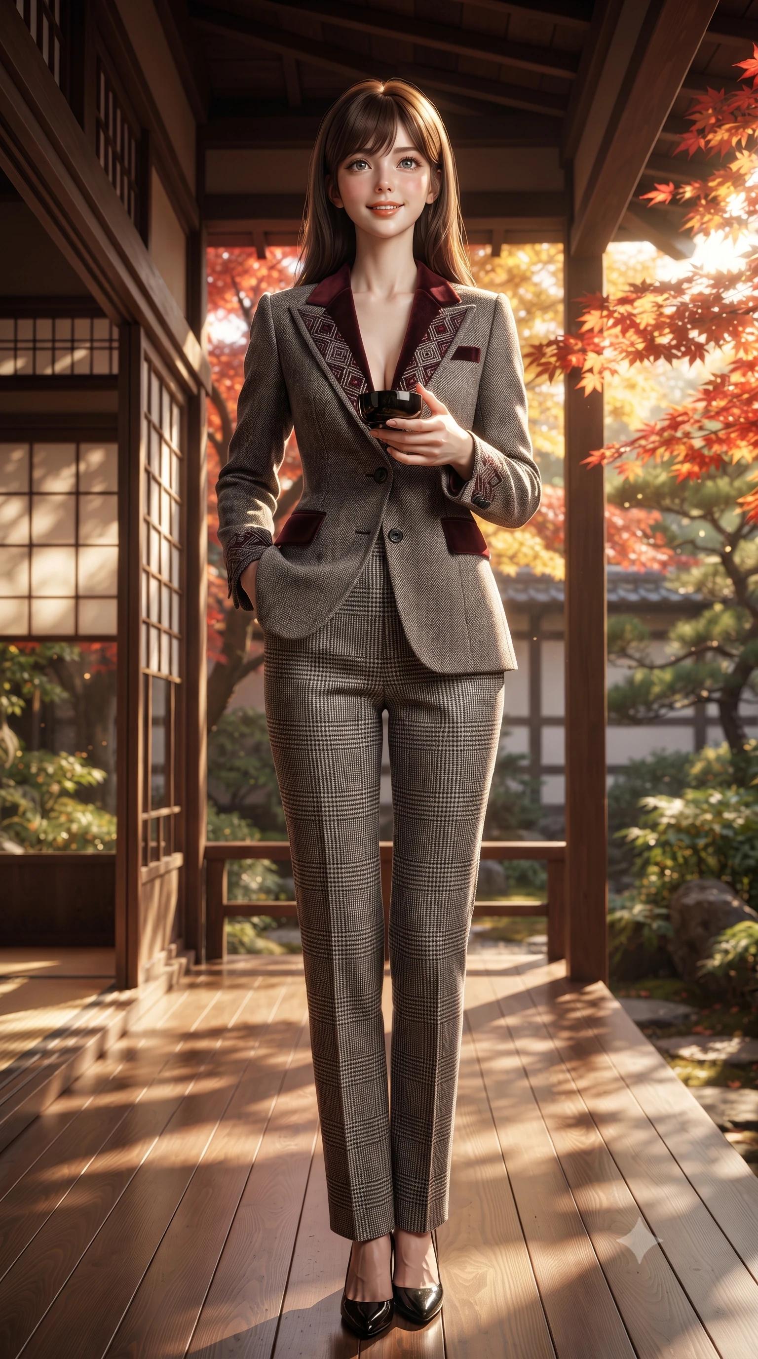 score_9, masterpiece, best quality, ultra-detailed, high-budget anime keyframe, editorial fashion photography, tasteful artistic composition, Korean woman. low angle full-body shot from head to toe showing her feet, filling the entire 9:16 vertical frame with her statuesque presence, stretching her vertical silhouette. standing tall and centered in the frame with hands tucked into her coat pockets, radiating statuesque poise and calm warmth while holding a black lacquer teacup with both hands on the veranda, looking up toward the camera with an enchanting, peaceful smile. The surrounding environment is rendered in vivid detail and crisp panoramic clarity: detailed modern kimono-wrap wool coat tailoring, sash belt knot, and classical Japanese temple joinery in razor-sharp precision. She has an exceptionally tall and slender model-like 8.5-heads proportion, an ultra-slim waist, a flat toned midriff, narrow delicate ribcage, and beautifully sculpted feminine hips creating a graceful, slim hourglass silhouette without any bulky heaviness, with impossibly long slender legs. sharp v-shaped jawline, high-bridge nose, intricate jewel-like sparkling eyes with depth, thick eyelashes, glossy parted lips with a natural peach sheen, bright cheerful beaming smile with an enchanting and coquettish sensual glint, exuding both youthful cute charm and seductive allure, flawlessly proportioned anatomical accuracy, strict slender model proportions, natural body alignment, perfectly sculpted long slender limbs, ultra-slim waistline, clean dynamic posture without body distortion. wearing a retro Art Deco embroidered wool blazer with velvet lapels paired with high-waisted pressed trousers in classic glen plaid monochrome with subtle wine red accent, tailored from fine wool gabardine with crisp permanent pleats and sharp drape, featuring delicate tonal horn buttons and meticulous hand-stitched pick-lapel borders, the streamlined silhouette following her natural slender proportions with sophisticated poise, enhancing her tall willowy presence. bathed in filtered golden autumn sunlight dappled through brilliant red and orange maple foliage. ultra-reflective glossy finish, specular highlights, rich textural contrasts, high-contrast stereoscopic depth, volumetric dynamic lighting, 2k, ultra detail, master piece, 9:16 ratio