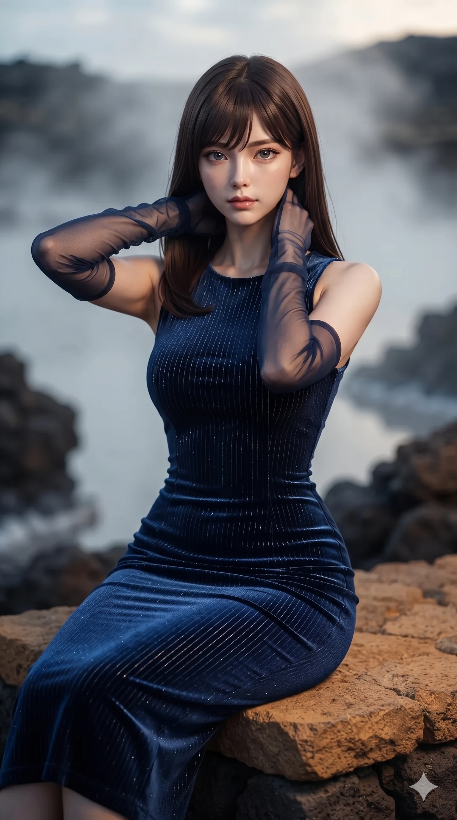 score_9, masterpiece, best quality, ultra-detailed, high-budget anime keyframe, editorial fashion photography, tasteful artistic composition, Korean woman. close-up cowboy shot from the waist and thighs up, the character dominates the composition, filling the frame with her large presence. resting both hands lightly behind her neck with elbows raised, arching her spine to highlight her narrow waist, flat midriff, and breathtaking collarbones while sitting poised on the warm volcanic stone ledge with legs extended, flashing an enchanting smile with parted glossy lips. The background shows a soft-focus geothermal steam haze softened in volcanic rock lagoon shallow focus. She has an exceptionally elegant, slender, and willowy female figure with an ultra-slim waist, flat toned midriff, narrow ribcage, and sculpted feminine hips creating an alluring, slim hourglass silhouette without bulk. sharp v-shaped jawline, high-bridge nose, intricate jewel-like sparkling eyes with depth, thick eyelashes, glossy parted lips with a natural sheen, intensely captivating and seductive bedroom-eyes expression, exuding both youthful cute charm and sovereign luxury allure, flawlessly proportioned anatomical accuracy, strict slender model proportions, natural body alignment, perfectly sculpted long slender limbs, ultra-slim waistline, clean dynamic posture without body distortion. wearing a tailored liquid velvet bodycon dress with metallic fiber pinstripes following her statuesque 8.5-heads silhouette in midnight sapphire blue and liquid platinum, woven from stretch metallic lurex jersey casting radiant starlight glints across her curves, complemented by sheer opera-length evening gloves tracing her slender arms, the impeccably tailored cut draping gracefully along her slender figure with aristocratic poise. bathed in the warm, moody ambient light of concealed rock-recessed spotlights combined with the soft silver glow of the moon. ultra-reflective glossy finish, specular highlights, rich textural contrasts, high-contrast stereoscopic depth, volumetric dynamic lighting, 2k, ultra detail, master piece, 9:16 ratio