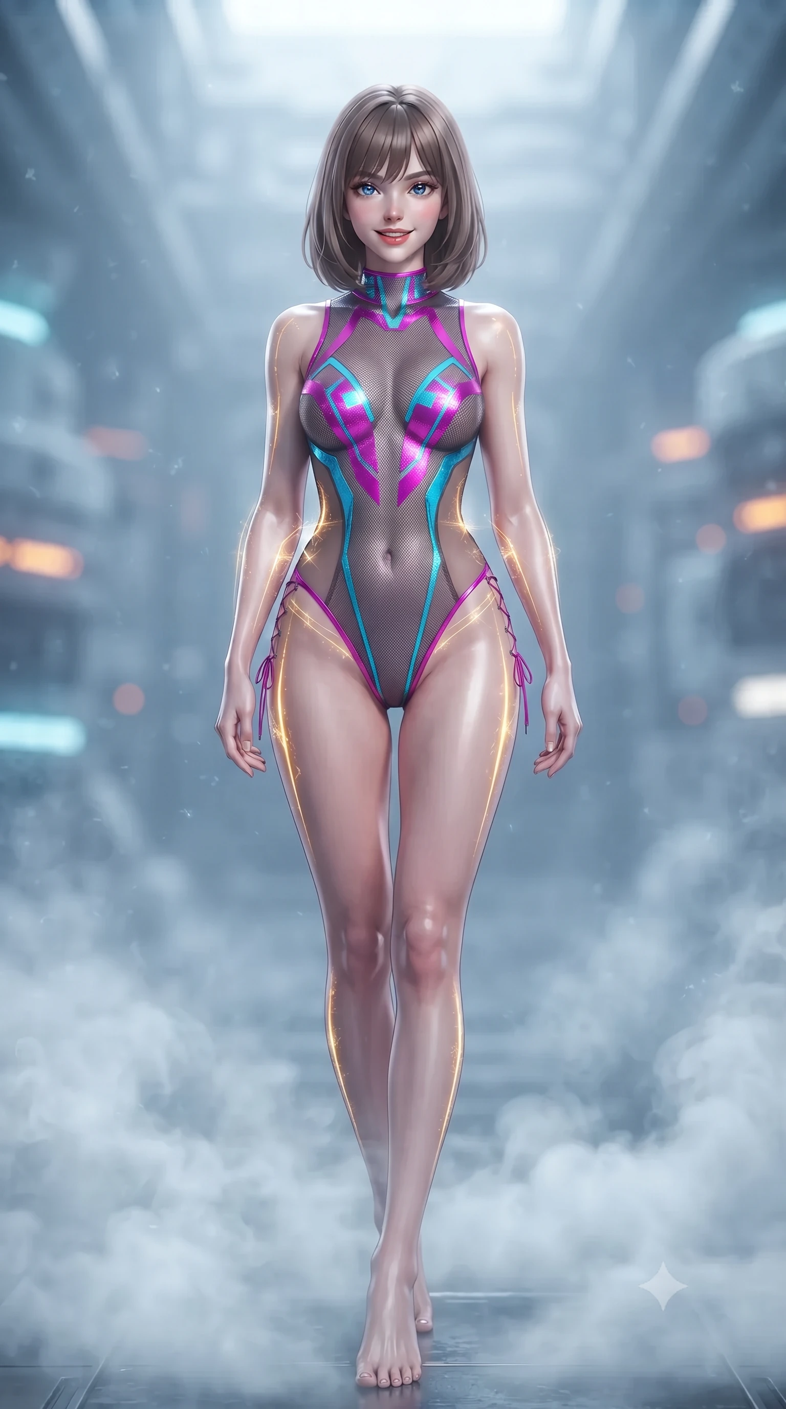 score_9, masterpiece, best quality, ultra-detailed, high-budget anime keyframe, editorial fashion photography, tasteful artistic composition, Caucasian woman. low angle full-body shot from head to toe showing her feet, filling the entire 9:16 vertical frame with her statuesque presence, stretching her vertical silhouette. stepping slowly toward the camera with hypnotic grace, hips swaying in an alluring sensual rhythm that accentuates her curvy hourglass silhouette and long slender legs while twisting her slender torso in an alluring S-curve as cool nitrogen coolant vapors swirl around her ankles, golden data pulses highlighting her curves and flat midriff. The background shows a soft-focus frosty nitrogen vapor softened in subterranean quantum core vault shallow focus. She has an exceptionally tall and slender model-like 8.5-heads proportion, an ultra-slim waist, a flat toned midriff, narrow delicate ribcage, and beautifully sculpted feminine hips creating a graceful, slim hourglass silhouette without any bulky heaviness, with impossibly long slender legs. sharp v-shaped jawline, high-bridge nose, intricate jewel-like sparkling eyes with depth, thick eyelashes, glossy parted lips with a natural peach sheen, bright cheerful beaming smile with an enchanting and coquettish sensual glint, exuding both youthful cute charm and seductive allure, flawlessly proportioned anatomical accuracy, strict slender model proportions, natural body alignment, perfectly sculpted long slender limbs, ultra-slim waistline, clean dynamic posture without body distortion. wearing a provocative sheer-illusion cyber-mesh bodysuit with strategic metallic foil flocking and high-cut leg openings in Neo-Tokyo neon magenta and electric cyan, featuring strategic sheer-illusion tulle side panels framing her ribcage and hips, featuring fine criss-cross lace-up side ties revealing tantalizing glimpses of her hip curve, the bespoke structured tailoring following the natural line of her 8.5-heads silhouette with refined elegance. bathed in cold 6500K quantum laser arrays contrasted with warm amber status indicators. ultra-reflective glossy finish, specular highlights, rich textural contrasts, high-contrast stereoscopic depth, volumetric dynamic lighting, 2k, ultra detail, master piece, 9:16 ratio