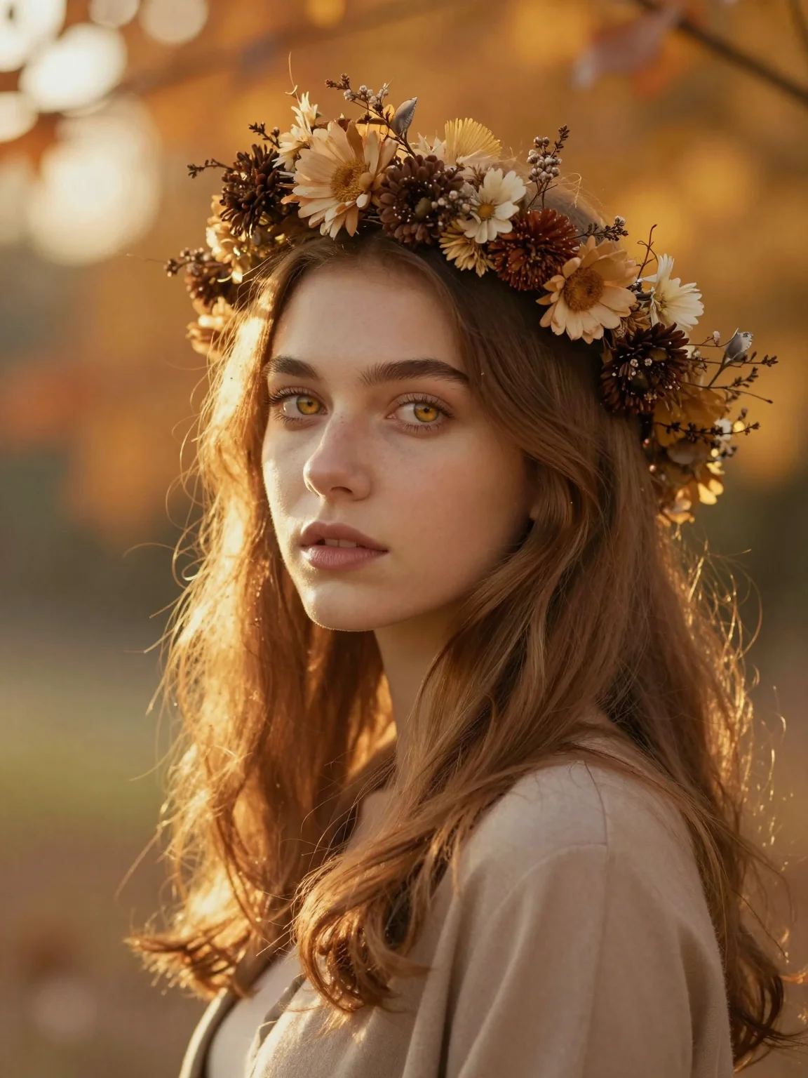(masterpiece:1.2), best quality, autumn vibe, (1girl:1.3), breathtaking portrait, mahogany hair, golden eyes, crown of dried flowers, (warm sunset light:1.2), orange leaves background, 2k, ultra detail, 3:4 ratio