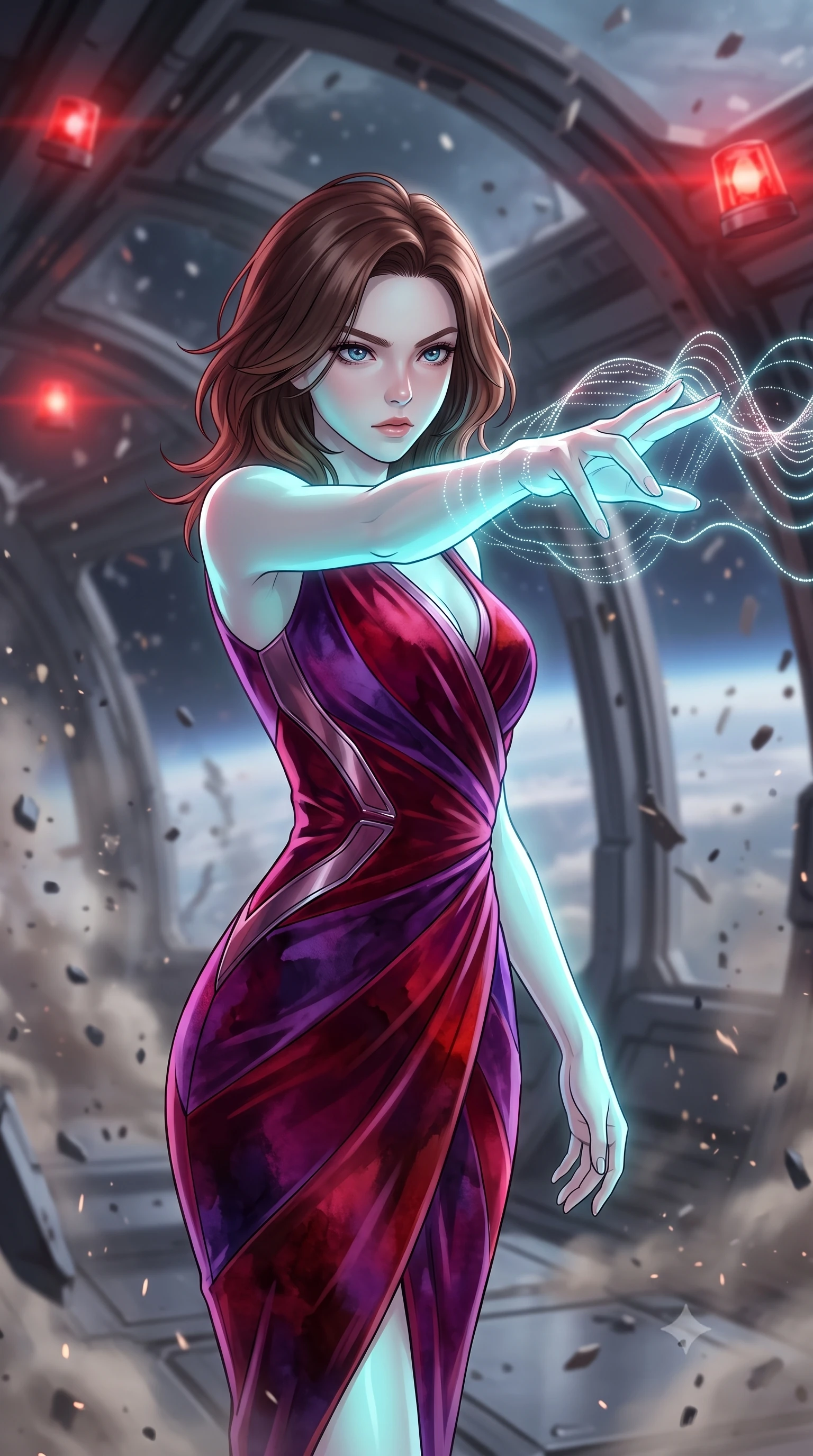 score_9, masterpiece, best quality, ultra-detailed, high-budget anime keyframe, editorial fashion photography, tasteful artistic composition, Korean woman. close-up cowboy shot from the waist and thighs up, the character dominates the composition, filling the frame with her large presence, background elements kept in soft focus. Casting a digital tracking wave with an outstretched hand, her gaze locked on the escaping target. set against a soft-focus background of inside a orbital fortress under bombardment, metal arches shaking and dust falling as red warning sirens flash. She has an exceptionally elegant and slender, willowy female figure with an ultra-slim waist, a gracefully sculpted slender torso, and a refined slim physique. sharp v-shaped jawline, high-bridge nose, intricate jewel-like eyes with depth, thick eyelashes, glossy lips with a natural sheen. wearing tailored for maximum mobility, sleek form-contouring panels that allow fluid movement, a body-hugging wrap-front fitted midi dress in deep crimson and violet watercolor velvet, drawing focus to her slender waist. highly saturated vibrant anime colors, intense vivid color palette, soft 3D volumetric shading, volumetric dynamic lighting, soft aqua bioluminescent light making her skin luminously glow against darkness. 2k, ultra detail, master piece, 9:16 ratio