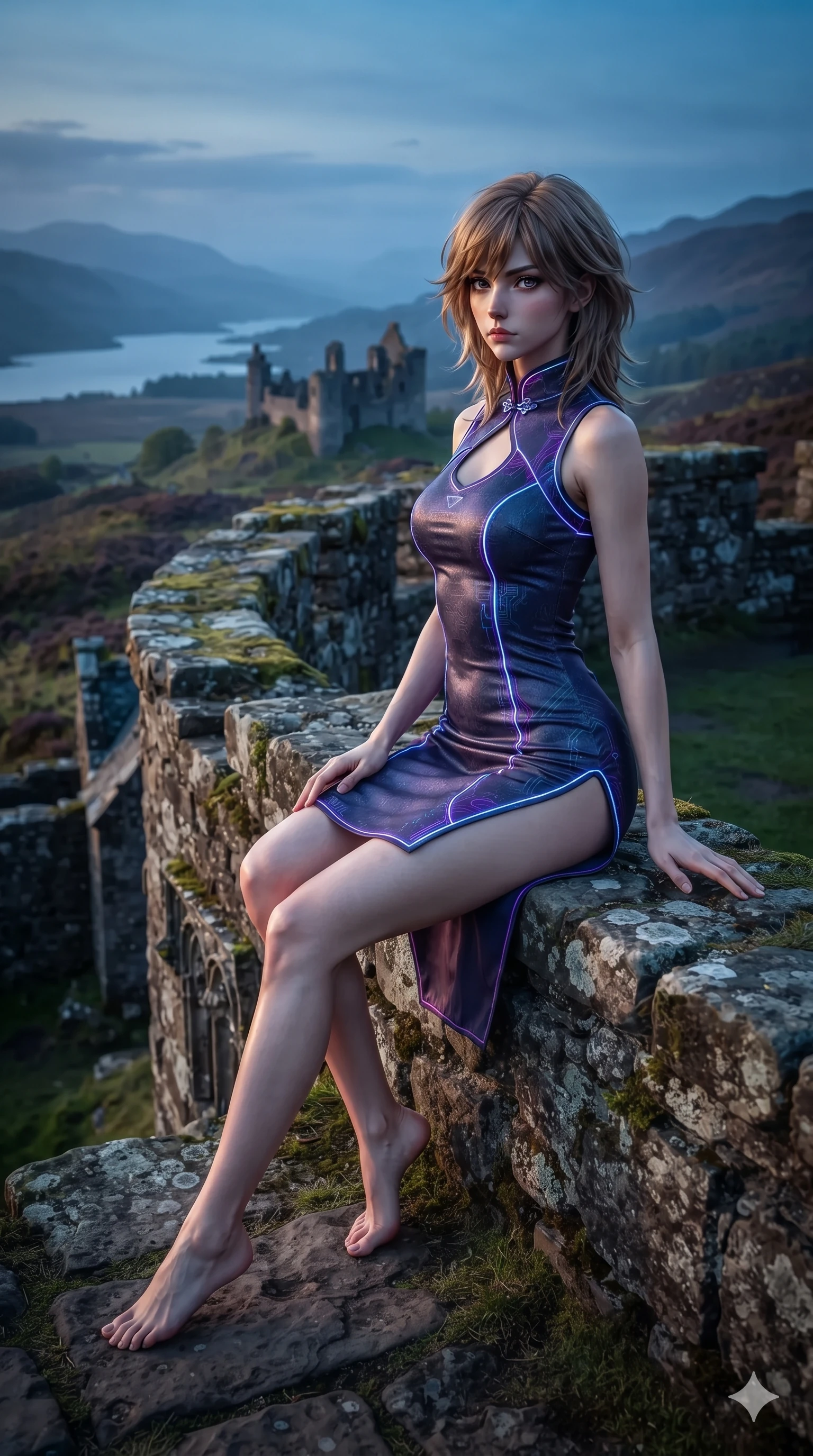 score_9, masterpiece, best quality, ultra-detailed, high-budget anime keyframe, editorial fashion photography, tasteful artistic composition, Korean woman. low angle full-body shot from head to toe showing her feet, filling the entire 9:16 vertical frame with her statuesque presence, stretching her vertical silhouette. walking along the terrace with poise, looking back over her bare shoulder with an irresistible smoldering bedroom-gaze while sitting poised on the ancient stone rampart with one knee bent, her long slender legs and statuesque 8.5-heads silhouette commanding the fortress. The surrounding environment is rendered in vivid detail and crisp panoramic clarity: detailed gown tailoring drape, metallic hardware accents, and historic Scottish stonework in high resolution. She has an exceptionally tall and slender model-like 8.5-heads proportion, an ultra-slim waist, a flat toned midriff, narrow delicate ribcage, and beautifully sculpted feminine hips creating a graceful, slim hourglass silhouette without any bulky heaviness, with impossibly long slender legs. sharp v-shaped jawline, high-bridge nose, intricate jewel-like eyes with depth, thick eyelashes, glossy parted lips with a natural sheen, intensely captivating and seductive bedroom-eyes expression, flawlessly proportioned anatomical accuracy, strict slender model proportions, natural body alignment, perfectly sculpted long slender limbs, ultra-slim waistline, clean dynamic posture without body distortion. wearing a modernized cyber-qipao mini dress with an ultra-high side slit ascending to the hip and glowing piping in Highland heather violet and slate granite, woven from buttery-soft stretch lambskin leather adhering to her body like a second skin, featuring fine criss-cross lace-up side ties revealing tantalizing glimpses of her hip curve, the second-skin form-contouring cut accentuating her sculpted flat midriff, narrow delicate ribcage, and gracefully curvy hips with supermodel precision. sharp directional rim lights sculpting her sculpted collarbones, ultra-slim waist, and curvy hips. ultra-reflective glossy finish, specular highlights, rich textural contrasts, high-contrast stereoscopic depth, volumetric dynamic lighting, 2k, ultra detail, master piece, 9:16 ratio