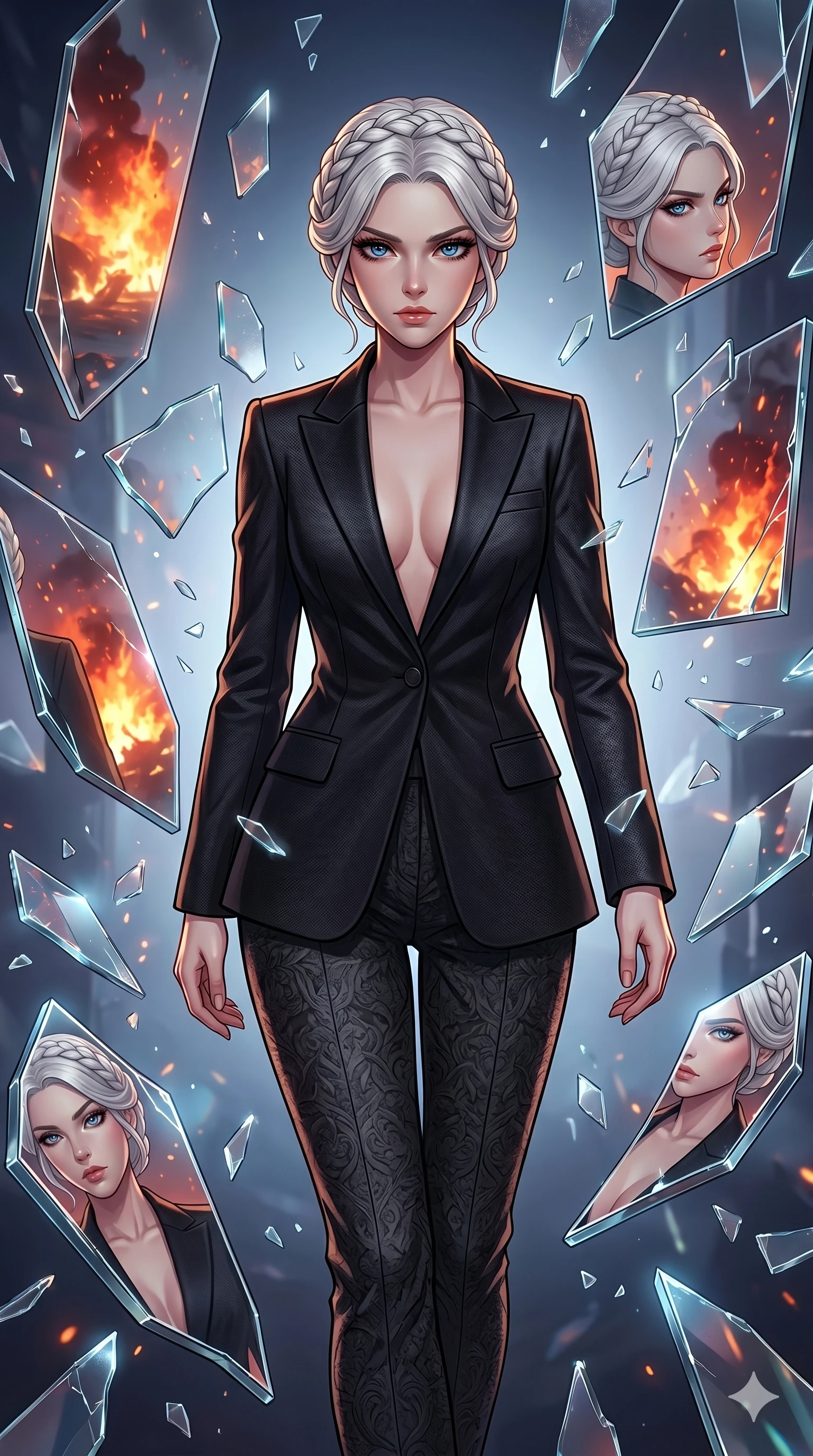 score_9, masterpiece, best quality, ultra-detailed, Set A: High-budget Anime Keyframe, Caucasian (strictly human ears) woman. Upper body close-up from the thighs up, character filling the screen for maximum presence. Walking gracefully through a dimension of floating mirrors, with a look of intense determination reflecting the fires of 187 and surrounded by shattered glass fragments. She has an well-proportioned figure, an tall and elegant figure with elegant legs and an graceful posture. Sharp v-shaped jawline, high-bridge nose, intricate jewel-like eyes with depth, thick eyelashes, glossy lips with a natural sheen. Wearing High-fashion structured blazer with nothing underneath, paired with detailed fabric trousers. Cinematic lighting, vibrant colors, dramatic shadows, 2k, ultra detail, master piece, 9:16 ratio