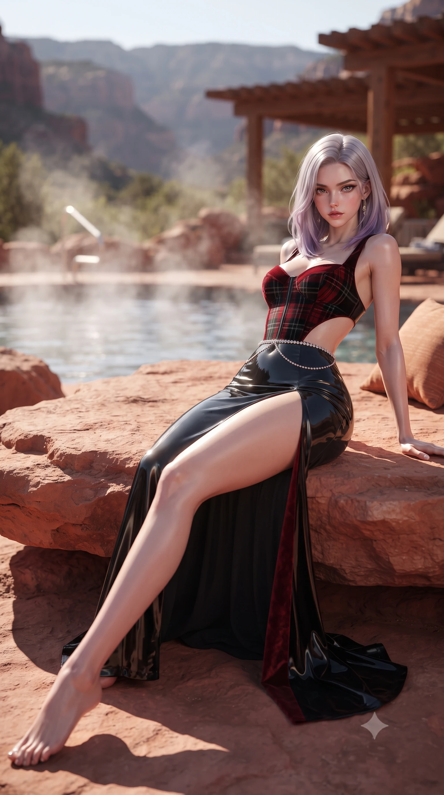 score_9, masterpiece, best quality, ultra-detailed, high-budget anime keyframe, editorial fashion photography, tasteful artistic composition, Caucasian woman. low angle full-body shot from head to toe showing her feet, filling the entire 9:16 vertical frame with her statuesque presence, stretching her vertical silhouette. striding forward in a proud supermodel runway stride, hips swaying in an alluring kinetic rhythm that accentuates her curvy hourglass silhouette while reclining on a sun-warmed red rock terrace daybed propped on one elbow, arching her lower back to accentuate her curvy hips against the canyon panorama. The composition keeps background elements in soft focus with creamy bokeh. steaming pool water vapors and cedar shading pergolas softened in dreamy Southwestern shallow focus. She has an exceptionally tall and slender model-like 8.5-heads proportion, an ultra-slim waist, a flat toned midriff, narrow delicate ribcage, and beautifully sculpted feminine hips creating a graceful, slim hourglass silhouette without any bulky heaviness, with impossibly long slender legs. sharp v-shaped jawline, high-bridge nose, intricate jewel-like eyes with depth, thick eyelashes, glossy parted lips with a natural sheen, intensely captivating and seductive bedroom-eyes expression, flawlessly proportioned anatomical accuracy, strict slender model proportions, natural body alignment, perfectly sculpted long slender limbs, ultra-slim waistline, clean dynamic posture without body distortion. wearing a tailored tartan-wool and crushed-velvet corseted gala gown with an architectural open-waist cutout and high-cut thigh slit in phantom obsidian black and blood-red velvet, tailored from second-skin aerodynamic stretch vinyl with specular wet sheen, accented with a dainty diamond waist chain catching the ambient light reflections, the dramatically scooped open back descending to the base of her spine, accentuating her razor-sharp statuesque lines and slim hourglass silhouette. illuminated by wet specular pool highlights accentuating her slender neckline, sculpted waist, and rounded hips. ultra-reflective glossy finish, specular highlights, rich textural contrasts, high-contrast stereoscopic depth, volumetric dynamic lighting, 2k, ultra detail, master piece, 9:16 ratio