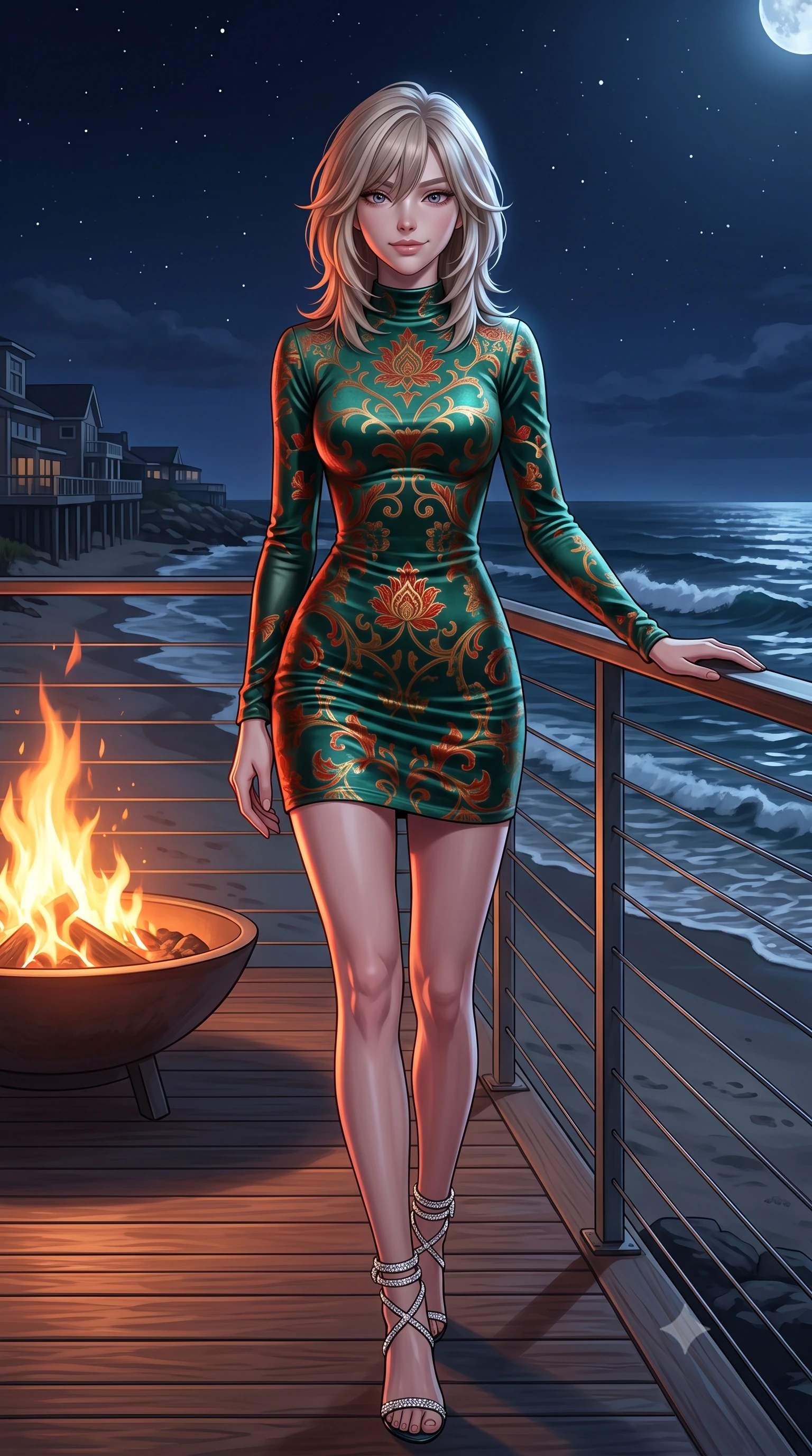 score_9, masterpiece, best quality, ultra-detailed, high-budget anime keyframe, semi-realistic 3D game render, editorial fashion photography, tasteful artistic composition, Japanese woman. low angle full-body shot from head to toe showing her feet, filling the entire 9:16 vertical frame with her statuesque presence, stretching her vertical silhouette. stepping slowly toward the camera with hypnotic grace, hips swaying in an alluring sensual rhythm that accentuates her curvy hourglass silhouette and long slender legs while leaning against the nautical wire balustrade with hips cocked back, looking out over rolling Atlantic swells with heavy-lidded bedroom-eyes. The surrounding environment is rendered in vivid detail and crisp panoramic clarity: detailed outfit silhouette, fabric cling or tailoring, and coastal architecture in high resolution. She has an exceptionally tall and slender model-like 8.5-heads proportion, an ultra-slim waist, a flat toned midriff, narrow delicate ribcage, and beautifully sculpted feminine hips creating a graceful, slim hourglass silhouette without any bulky heaviness, with impossibly long slender legs. sharp v-shaped jawline, high-bridge nose, intricate jewel-like sparkling eyes with depth, thick eyelashes, glossy parted lips with a natural peach sheen, bright cheerful beaming smile with an enchanting and coquettish sensual glint, exuding both youthful cute charm and seductive allure, flawlessly proportioned anatomical accuracy, strict slender model proportions, natural body alignment, perfectly sculpted long slender limbs, ultra-slim waistline, clean dynamic posture without body distortion. wearing a tailored velvet bodycon cocktail dress with long fitted sleeves and mock neck in Tanjong Pagar Peranakan jade green and gilded vermilion, woven from buttery-soft stretch lambskin leather adhering to her body like a second skin, complemented by strappy stiletto sandals with crystal ankle wraps accentuating her slender calves, the impeccably tailored cut draping gracefully along her slender figure with aristocratic poise. bathed in the warm radiant 2100K hearth glow of the outdoor fire bowl mixed with cool Atlantic starlight and moonlight. highly saturated vibrant anime colors, detailed shading with soft gradients, rich glossy textures, high-contrast stereoscopic depth, volumetric dynamic lighting, master piece, 9:16 ratio