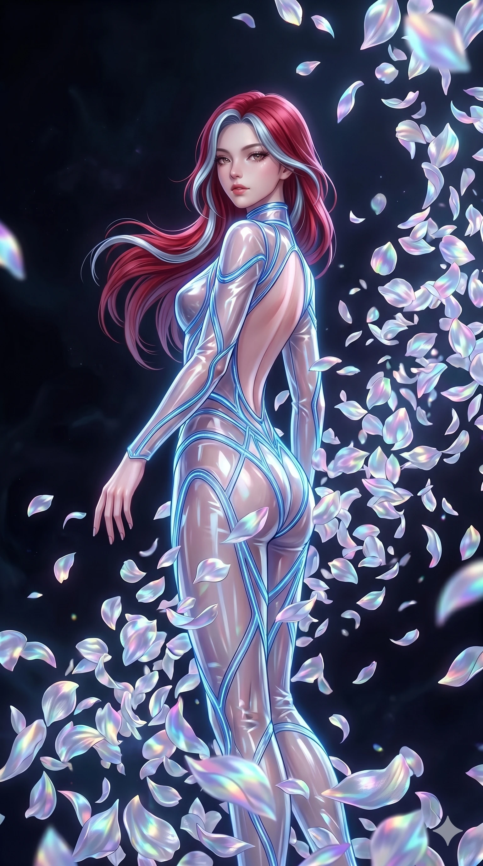score_9, masterpiece, best quality, ultra-detailed, High-budget Anime Keyframe, East Asian woman. Low angle cowboy shot filling the entire 9:16 frame with her statuesque presence. Scenario 51: Dissolving into a cloud of iridescent silk petals in a void. Her presence is magnetic and overpowering in this high-budget anime scene. Outfit 51: A translucent PVC dangerous with a backless design and glowing LED seams. The clothing is designed to emphasize her exceptionally tall and slender 8-heads proportion. 8-heads proportion, towering silhouette, ultra-slim waist. sharp v-shaped jawline, intricate jewel-like eyes with depth, thick eyelashes, glossy lips. 2k, ultra detail, master piece, 9:16 ratio