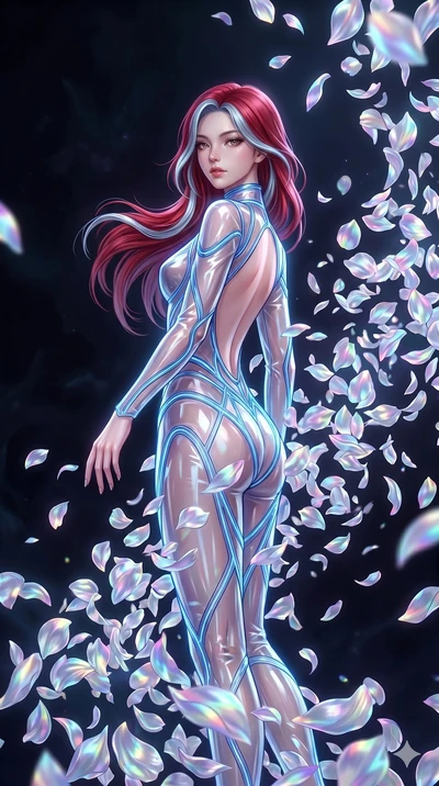 score_9, masterpiece, best quality, ultra-detailed, High-budget Anime Keyframe, East Asian woman. Low angle cowboy shot filling the entire 9:16 frame with her statuesque presence. Scenario 51: Dissolving into a cloud of iridescent silk petals in a vo