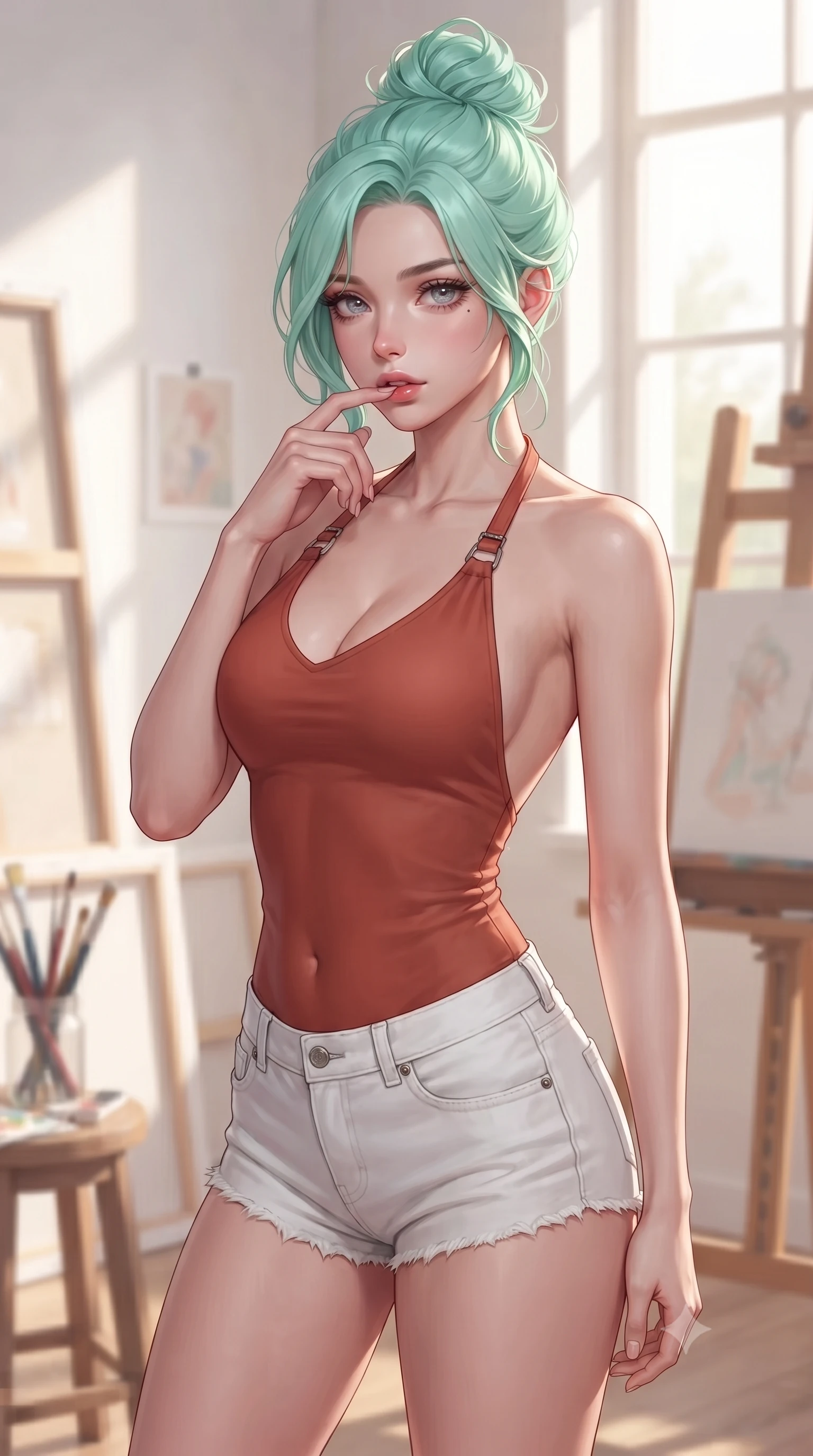 score_9, masterpiece, best quality, ultra-detailed, high-budget anime keyframe, editorial fashion photography, tasteful artistic composition, Japanese woman woman. close-up cowboy shot from the waist and thighs up, the character dominates the composition, filling the frame with her large presence, background elements kept in soft focus. pressing one finger to her bottom lip in a thoughtful, seductive gesture under the warm sun the background shows a soft-focus an artist's loft studio filled with canvases, paint brushes, and easel near a large window. She has an exceptionally elegant, slender, and willowy female figure with an ultra-slim waist, a gracefully sculpted slender torso, and a refined silhouette. sharp v-shaped jawline, high-bridge nose, intricate jewel-like eyes with depth, thick eyelashes, glossy lips with a natural sheen. wearing a form-contouring backless halter top in terracotta red, paired with white denim micro-shorts. crisp North daylight casting soft, consistent lighting over the workspace. ultra-reflective glossy finish, specular highlights, metallic sheen, high-contrast stereoscopic depth, volumetric dynamic lighting, 2k, ultra detail, master piece, 9:16 ratio
