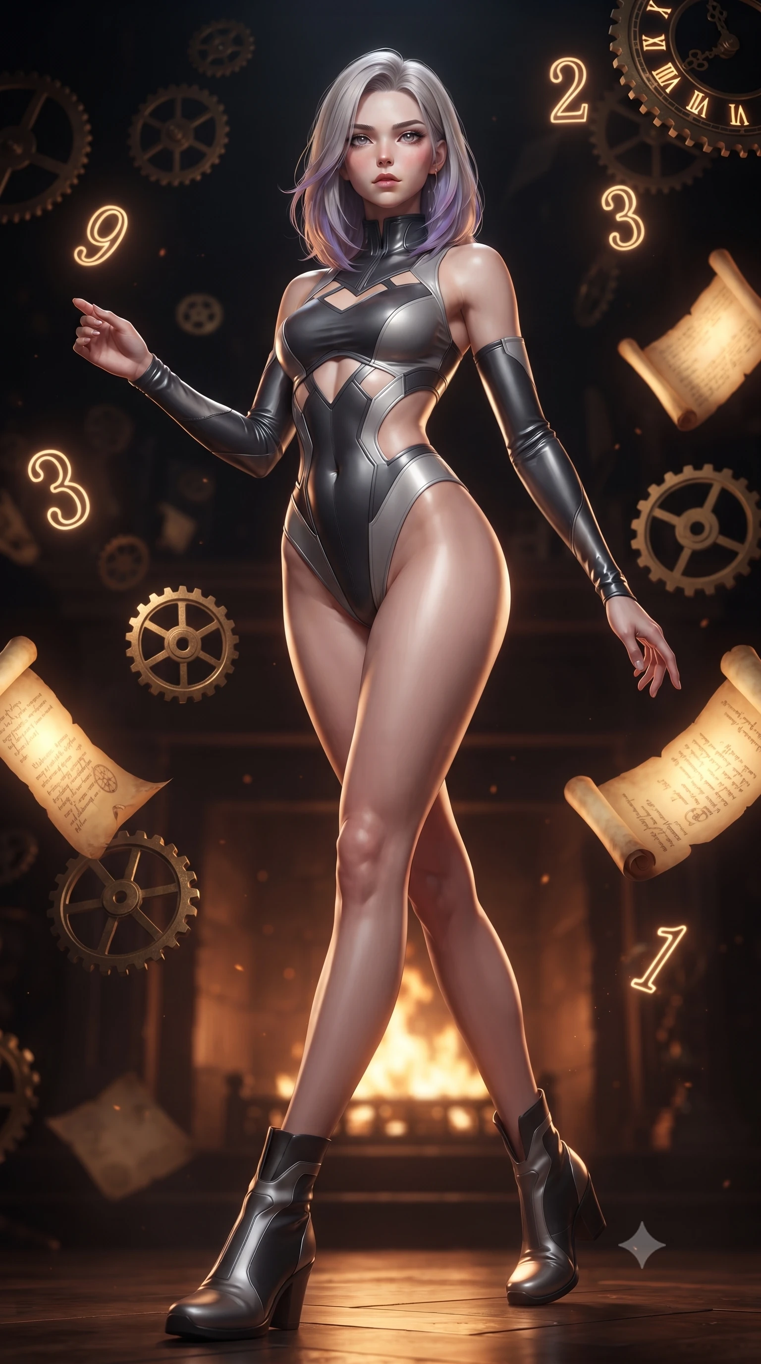 score_9, masterpiece, best quality, ultra-detailed, high-budget anime keyframe, editorial fashion photography, tasteful artistic composition, Caucasian woman. low angle full-body shot from head to toe showing her feet, filling the entire 9:16 vertical frame with her statuesque presence, stretching her vertical silhouette. forging dynamically through the scene, her vertical silhouette beautifully stretched surrounded by floating antique brass gears and glowing golden parchment scrolls, glowing neon clock numbers floating in the air with vintage elegancy. She has an absolutely perfect, statuesque 8.5-heads proportion, an exceptionally tall and slender model-like female figure with impossibly long slender legs and an ultra-slim waist. sharp v-shaped jawline, high-bridge nose, intricate jewel-like eyes with depth, thick eyelashes, glossy lips with a natural sheen. wearing an asymmetrical high-cut tech-bodysuit with detached sleeves in charcoal grey and platinum, formed from sleek second-skin neoprene, featuring subtle geometric cutouts that highlight her ultra-slim midriff, the sleek second-skin texture accentuating her magnetic presence. surrounded by warm hearth light and dramatic bronze rim highlights. ultra-reflective glossy finish, specular highlights, metallic sheen, high-contrast stereoscopic depth, volumetric dynamic lighting, 2k, ultra detail, master piece, 9:16 ratio