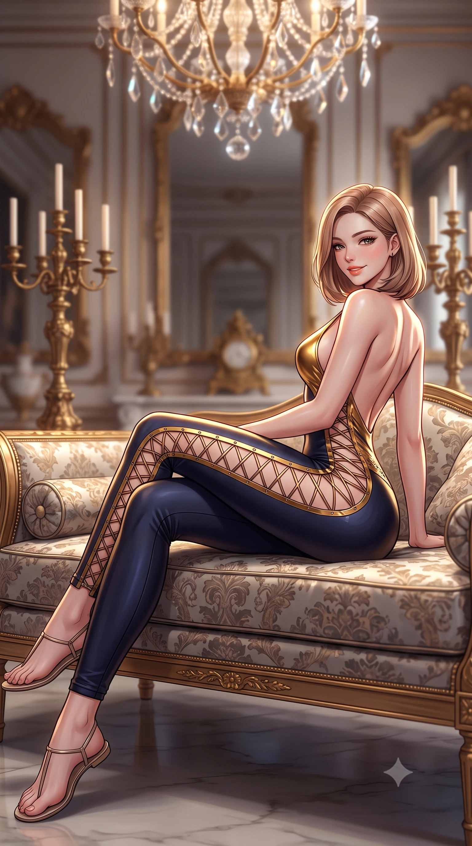 score_9, masterpiece, best quality, ultra-detailed, high-budget anime keyframe, semi-realistic 3D game render, editorial fashion photography, tasteful artistic composition, Korean woman. low angle full-body shot from head to toe showing her feet, filling the entire 9:16 vertical frame with her statuesque presence, stretching her vertical silhouette. lounging on the lavish daybed with legs crossed and hips angled toward the camera, displaying her toned midriff and long slender limbs with effortless siren poise while twisting her slender torso in an alluring contrapposto stance, shimmering crystal chandelier refractions dancing across her curves. The background shows a soft-focus ornate gilded bronze candelabras softened in magnificent Parisian opera shallow focus. She has an absolutely perfect, statuesque 8.5-heads proportion, an exceptionally tall and slender model-like female figure with impossibly long slender legs, an ultra-slim waist, a flat toned midriff, narrow delicate ribcage, and beautifully sculpted feminine hips creating a graceful, slim hourglass silhouette without any bulky heaviness. sharp v-shaped jawline, high-bridge nose, sparkling eyes with hypnotic seductive depth, thick curled eyelashes, glossy parted lips with a natural dewy peach sheen, alluring bedroom-eyes with an enchanting coquettish smile, exuding magnetic siren charisma and sophisticated glamour, flawlessly proportioned anatomical accuracy, strict slender model proportions, natural body alignment, perfectly sculpted long slender limbs, ultra-slim waistline, clean dynamic posture without body distortion. wearing a backless plunge-front second-skin stealth jumpsuit with fluid tapered legs and laser-cut hip ventilation in molten liquid gold and midnight indigo, crafted from second-skin technical compression fabric with moisture-wicking stretch, finished with fine criss-cross lace-up side ties revealing tantalizing glimpses of her hip curve, the precision-cut side openings and low-back scoop framing her graceful spine and the sensual sweep of her slim, toned hips. illuminated by polished marble bounce and sharp warm-gold rim lights sculpting her razor-sharp jawline, narrow waist, and curvy hips. highly saturated vibrant anime colors, detailed shading with soft gradients, rich glossy textures, high-contrast stereoscopic depth, volumetric dynamic lighting, master piece, 9:16 ratio