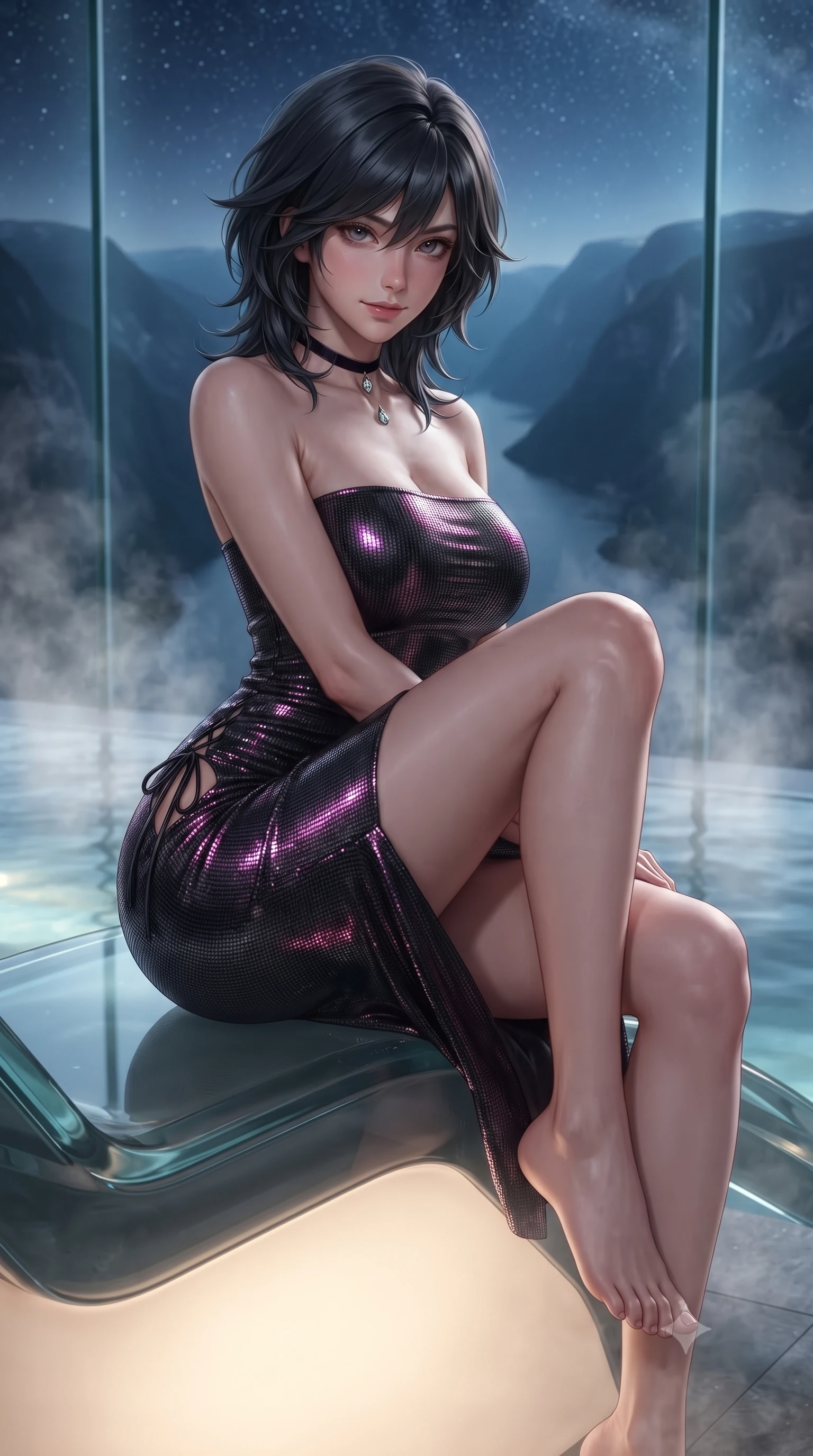 score_9, masterpiece, best quality, ultra-detailed, high-budget anime keyframe, editorial fashion photography, tasteful artistic composition, Caucasian woman. close-up cowboy shot from the waist and thighs up, the character dominates the composition, filling the frame with her large presence. perched sideways on the lounge seat, one knee drawn up to showcase her slender leg line while her arched back accentuates her feminine hip curve while standing inside the steaming glass-walled hydrotherapy spa cantilevered high over the fjord abyss, arching her spine with supermodel poise. The background shows a soft-focus rising mineral spa steam plumes softened in breathtaking high-altitude shallow focus. She has an exceptionally elegant, slender, and willowy female figure with an ultra-slim waist, flat toned midriff, narrow ribcage, and sculpted feminine hips creating an alluring, slim hourglass silhouette without bulk. sharp v-shaped jawline, high-bridge nose, sparkling eyes with hypnotic seductive depth, thick curled eyelashes, glossy parted lips with a natural dewy peach sheen, alluring bedroom-eyes with an enchanting coquettish smile, exuding magnetic siren charisma and sophisticated glamour, flawlessly proportioned anatomical accuracy, strict slender model proportions, natural body alignment, perfectly sculpted long slender limbs, ultra-slim waistline, clean dynamic posture without body distortion. wearing a form-contouring ribbed knit tube dress with subtle side-lace ties tracing the curve of her hips in wet-look onyx black with electric magenta reflections, crafted from shimmering fluid chainmail mesh reflecting ambient lights, finished with a thin velvet ribbon choker and a single teardrop diamond pendant, the form-contouring silhouette accentuating her sculpted flat midriff, narrow delicate ribcage, and gracefully curvy hips with intoxicating allure. bathed in soft underwater 3200K warm white hydro-spa glow mixed with celestial starlight fill. ultra-reflective glossy finish, specular highlights, rich textural contrasts, high-contrast stereoscopic depth, volumetric dynamic lighting, 2k, ultra detail, master piece, 9:16 ratio