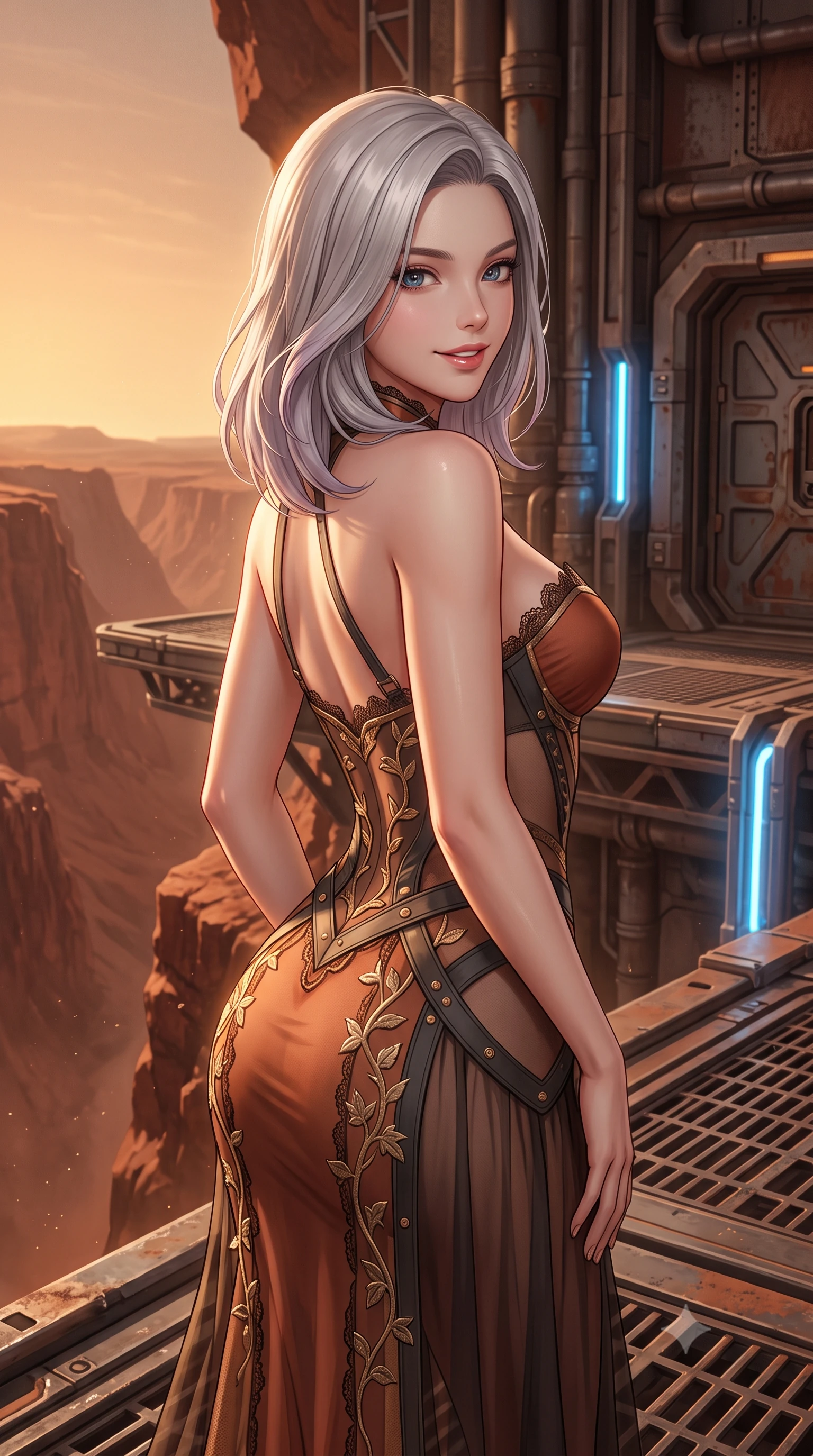 score_9, masterpiece, best quality, ultra-detailed, high-budget anime keyframe, semi-realistic 3D game render, editorial fashion photography, tasteful artistic composition, Caucasian woman. close-up cowboy shot from the waist and thighs up, the character dominates the composition, filling the frame with her large presence. posing in an alluring rear three-quarter angle, looking over a bare shoulder with parted glossy lips, her hips cocked back to highlight her slim hourglass curve while standing poised on the reinforced blast terrace jutting over the colossal red chasms of Valles Marineris, arching her back with breathtaking anime heroine charisma. The surrounding environment is rendered in vivid detail and crisp panoramic clarity: sharp basalt rock fracture lines, oxidized iron red rock textures, and heavy industrial airlock seals in deep focus. She has an exceptionally elegant, slender, and willowy female figure with an ultra-slim waist, flat toned midriff, narrow ribcage, and sculpted feminine hips creating an alluring, slim hourglass silhouette without bulk. sharp v-shaped jawline, high-bridge nose, intricate jewel-like sparkling eyes with depth, thick eyelashes, glossy parted lips with a natural peach sheen, bright cheerful beaming smile with an enchanting and coquettish sensual glint, exuding both youthful cute charm and seductive allure, flawlessly proportioned anatomical accuracy, strict slender model proportions, natural body alignment, perfectly sculpted long slender limbs, ultra-slim waistline, clean dynamic posture without body distortion. wearing a provocative sheer noir illusion mesh combat dress with embroidered climbing metallic ivy ribbons contouring her curves in Martian desert terracotta and dust-storm gold, featuring strategic sheer-illusion tulle side panels framing her ribcage and hips, finished with scalloped eyelash lace trim framing her sweetheart neckline with intimate elegance, the bespoke structured tailoring following the natural line of her 8.5-heads silhouette with refined elegance. bathed in rich 2000K warm terracotta sunset glow contrasted with brilliant electric-blue ionization laser conduits. highly saturated vibrant anime colors, detailed shading with soft gradients, rich glossy textures, high-contrast stereoscopic depth, volumetric dynamic lighting, master piece, 9:16 ratio