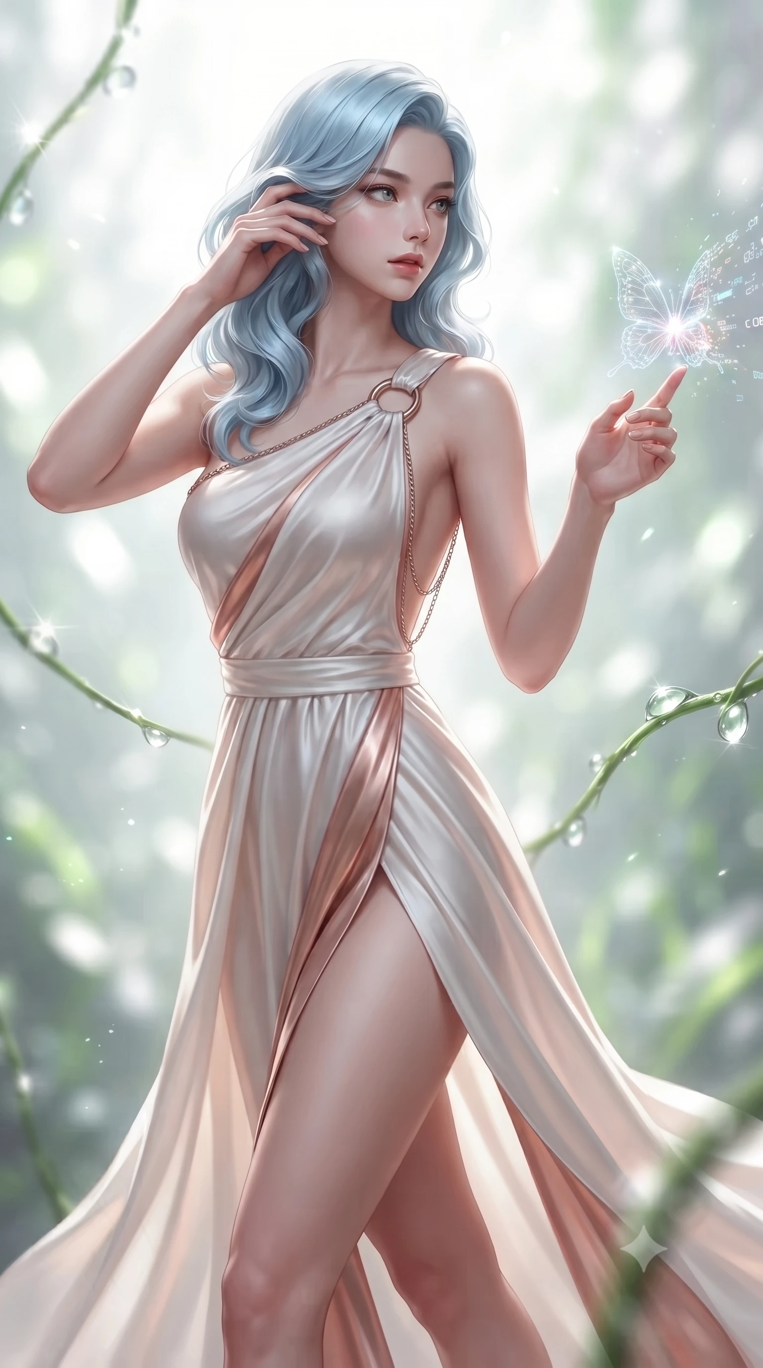 score_9, masterpiece, best quality, ultra-detailed, high-budget anime keyframe, editorial fashion photography, tasteful artistic composition, Korean woman. close-up cowboy shot from the waist and thighs up, the character dominates the composition, filling the frame with her large presence, background elements kept in soft focus. Resting her fingers gracefully near her temple, casting a sharp mysterious side-gaze during her stride while reaching her hand out to touch a floating holographic butterfly dispersing code sparks, dewdrops on biomorphic vines casting bright specular highlights in mid-air. She has an exceptionally elegant, slender, and willowy female figure with an ultra-slim waist, a gracefully sculpted slender torso, and a refined silhouette. sharp v-shaped jawline, high-bridge nose, intricate jewel-like eyes with depth, thick eyelashes, glossy lips with a natural sheen, flawlessly proportioned anatomical accuracy, natural body alignment, perfectly sculpted elegant limbs, clean dynamic posture without body distortion. wearing an asymmetrical Grecian draped chiffon gown with a metallic shoulder ring in pearl white and rose gold, crafted from smooth liquid silk, adorned with delicate metallic chain straps along the neckline, the glove-like fit emphasizing her statuesque silhouette during motion. surrounded by a bright, airy ambiance with radiant white and green highlights. ultra-reflective glossy finish, specular highlights, metallic sheen, high-contrast stereoscopic depth, volumetric dynamic lighting, 2k, ultra detail, master piece, 9:16 ratio