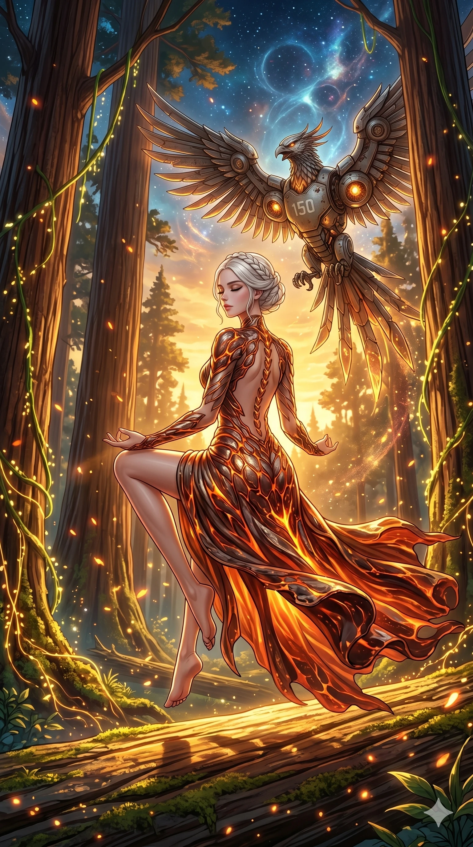 score_9, masterpiece, best quality, ultra-detailed, Set A: High-budget Anime Keyframe, Japanese woman. Low angle cowboy shot filling the entire 9:16 frame with her statuesque presence. Theme: Abstract Cosmic. meditating in a giant redwood forest with glowing vines, while a mechanical phoenix rises in the background marked 150. The atmosphere is filled with golden hour with floating embers. She has an absolutely perfect 8-heads proportion, an exceptionally tall and slender female figure with impossibly long slender legs and an ultra-slim waist. Sharp v-shaped jawline, high-bridge nose, intricate jewel-like eyes with depth, glossy lips. Wearing Lava-textured metallic dress that glows with an internal fire, featuring an open back. Cinematic lighting, vivid colors, dramatic shadows, 2k, ultra detail, master piece, 9:16 ratio