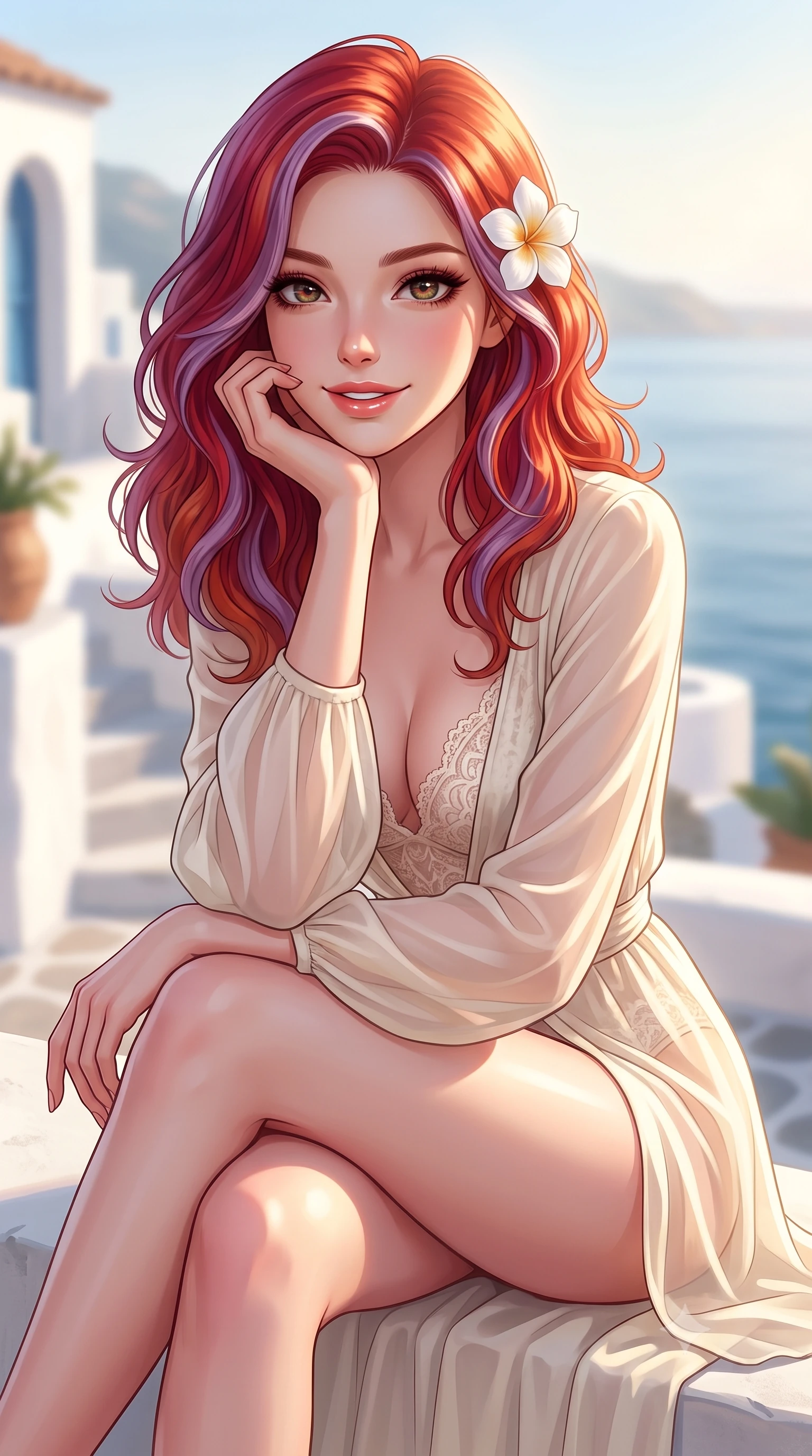 score_9, masterpiece, best quality, ultra-detailed, high-budget anime keyframe, editorial fashion photography, tasteful artistic composition, Caucasian woman. close-up cowboy shot from the waist and thighs up, the character dominates the composition, filling the frame with her large presence, background elements kept in soft focus. smiling cutely while resting her chin on her hand, looking directly into the lens set against a soft-focus background of on a white stone terrace of a Mediterranean-style resort overlooking the sea holding a delicate white flower behind her ear with a lovely, cheerful look. She has an exceptionally elegant, slender, and willowy female figure with an ultra-slim waist, a gracefully sculpted slender torso, and a refined silhouette. sharp v-shaped jawline, high-bridge nose, intricate jewel-like eyes with depth, thick eyelashes, glossy lips with a natural sheen. wearing form-contouring sheer chiffon beach cover-up robe in cream, worn over a form-contouring lace-accented bodysuit. soft morning mist diffusing the warm sunlight, creating a peaceful wash. highly saturated vibrant anime colors, detailed shading with soft gradients, rich glossy textures, high-contrast stereoscopic depth, volumetric dynamic lighting, master piece, 9:16 ratio