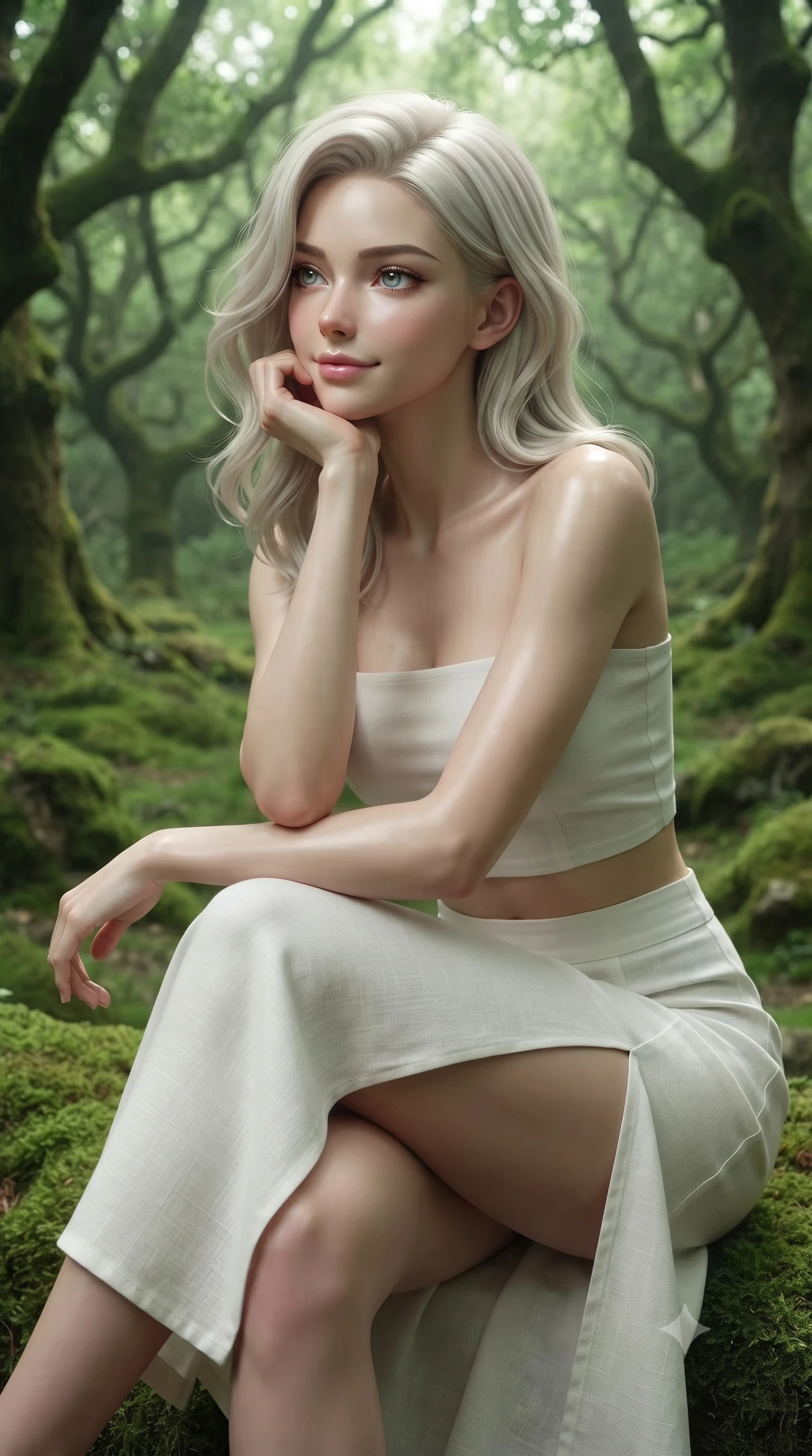 score_9, masterpiece, best quality, ultra-detailed, high-budget anime keyframe, editorial fashion photography, tasteful artistic composition, Caucasian woman woman. close-up cowboy shot from the waist and thighs up, the character dominates the composition, filling the frame with her large presence, background elements kept in soft focus. resting her chin on her hand, looking out at the beautiful scenery with a soft smile the background shows a soft-focus a quiet glen covered in a thick carpet of emerald green moss, surrounded by old oak trees. She has an exceptionally elegant, slender, and willowy female figure with an ultra-slim waist, a gracefully sculpted slender torso, and a refined silhouette. sharp v-shaped jawline, high-bridge nose, intricate jewel-like eyes with depth, thick eyelashes, glossy lips with a natural sheen. wearing a form-contouring white linen tube top paired with a high-waisted side-slit midi skirt, showing a subtle midriff. soft diffused green light filtering through the dense canopy. ultra-reflective glossy finish, specular highlights, metallic sheen, high-contrast stereoscopic depth, volumetric dynamic lighting, 2k, ultra detail, master piece, 9:16 ratio