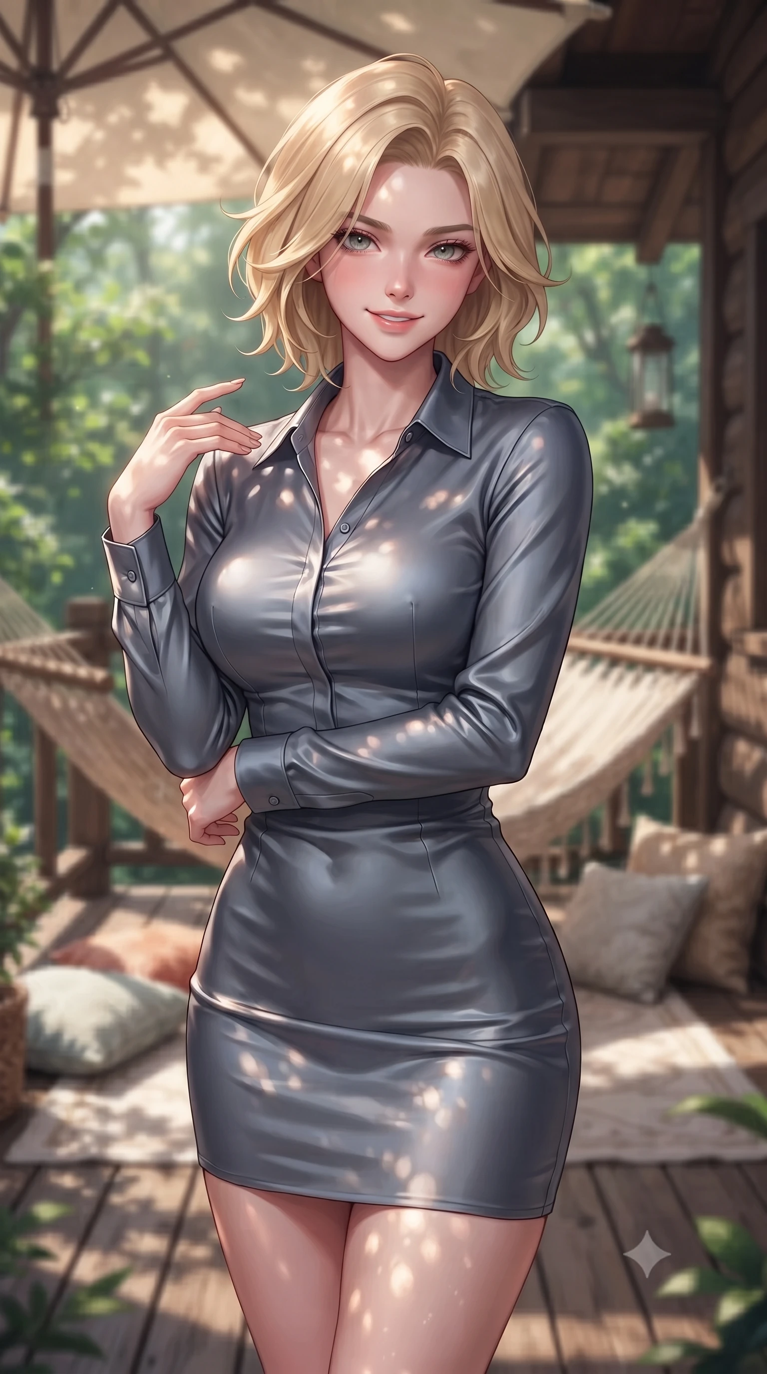 score_9, masterpiece, best quality, ultra-detailed, high-budget anime keyframe, editorial fashion photography, tasteful artistic composition, Caucasian woman. close-up cowboy shot from the waist and thighs up, the character dominates the composition, filling the frame with her large presence, background elements kept in soft focus. flashing a sweet yet sultry smile, holding her hand near her shoulder in a poised gesture set against a soft-focus background of on a rustic wooden veranda of a cozy forest lodge surrounded by greenery with a cozy woven hammock and soft cushions arranged on the wooden deck. She has an exceptionally elegant, slender, and willowy female figure with an ultra-slim waist, a gracefully sculpted slender torso, and a refined silhouette. sharp v-shaped jawline, high-bridge nose, intricate jewel-like eyes with depth, thick eyelashes, glossy lips with a natural sheen. wearing tailored body-hugging long-sleeve silk dress in slate grey, following her form elegantly. dappled sunlight filtering through the canvas umbrella onto her skin. highly saturated vibrant anime colors, detailed shading with soft gradients, rich glossy textures, high-contrast stereoscopic depth, volumetric dynamic lighting, master piece, 9:16 ratio