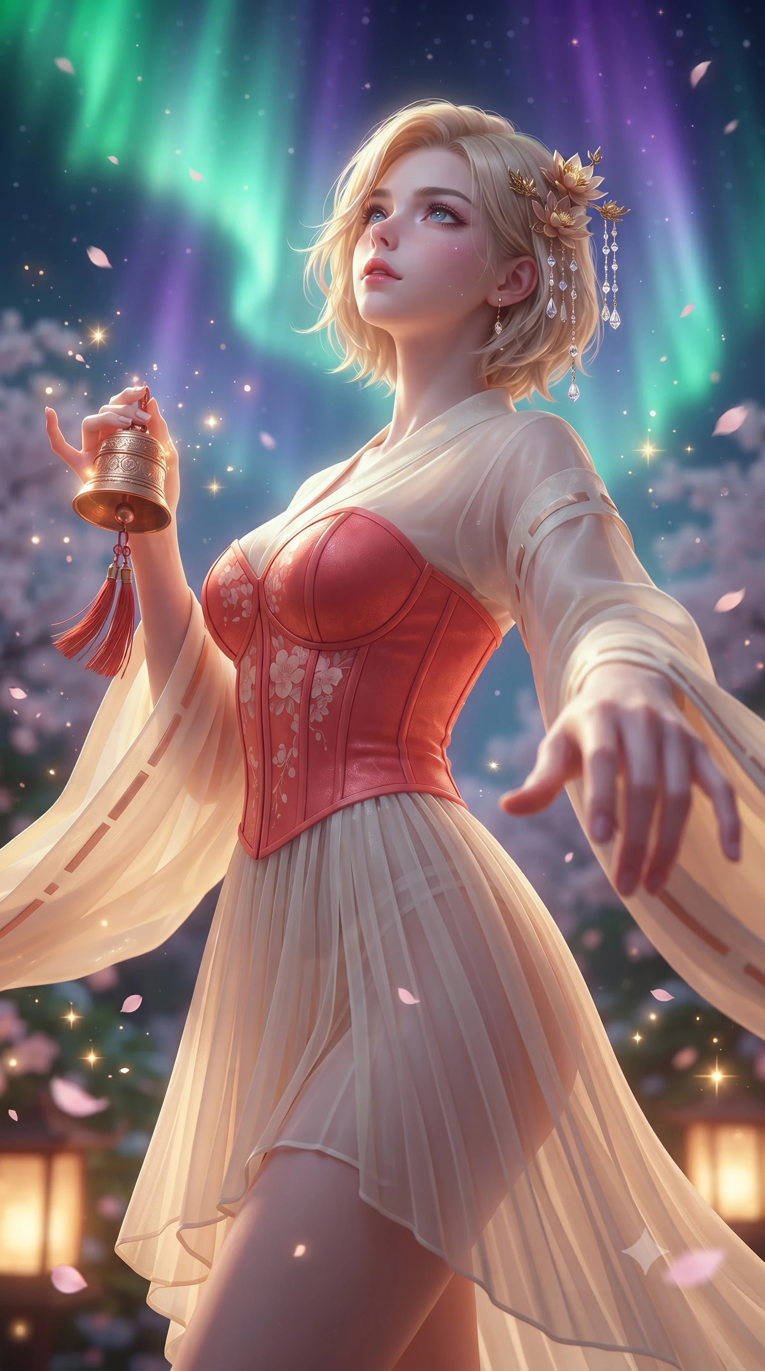 score_9, masterpiece, best quality, ultra-detailed, high-budget anime keyframe, editorial fashion photography, tasteful artistic composition, Caucasian woman. close-up cowboy shot from the waist and thighs up, the character dominates the composition, filling the frame with her large presence. extending one slender arm gracefully toward the foreground while casting an affectionate, mesmerizing glance while holding a glowing bronze ritual bell with red tassels, looking up at the aurora-filled sky with reverent, sparkling eyes. The composition keeps background elements in soft focus with creamy bokeh. drifting sakura petals and floating star particles scattering magical glowing light motes. She has an exceptionally elegant, slender, and willowy female figure with an ultra-slim waist, a gracefully sculpted slender torso, toned flat midriff, and a refined slim silhouette. sharp v-shaped jawline, high-bridge nose, intricate jewel-like eyes with depth, thick eyelashes, glossy lips with a natural sheen, captivating and magnetic expression, flawlessly proportioned anatomical accuracy, strict slender model proportions, natural body alignment, perfectly sculpted long slender limbs, ultra-slim waistline, clean dynamic posture without body distortion. wearing a sacred shrine maiden couture robe with sheer pleated chiffon skirt and structured scarlet corset top in soft peach blossom pink and warm ivory, tailored from crisp ceremonial cotton and multi-layered translucent chiffon, finished with delicate golden lotus hairpins and dangling crystal beads, the breezy yet form-flattering drape swaying gracefully with her steps, accentuating her long willowy limbs and slim waistline. bathed in vibrant emerald and violet aurora light overhead and warm golden lantern uplights from below. ultra-reflective glossy finish, specular highlights, rich textural contrasts, high-contrast stereoscopic depth, volumetric dynamic lighting, 2k, ultra detail, master piece, 9:16 ratio