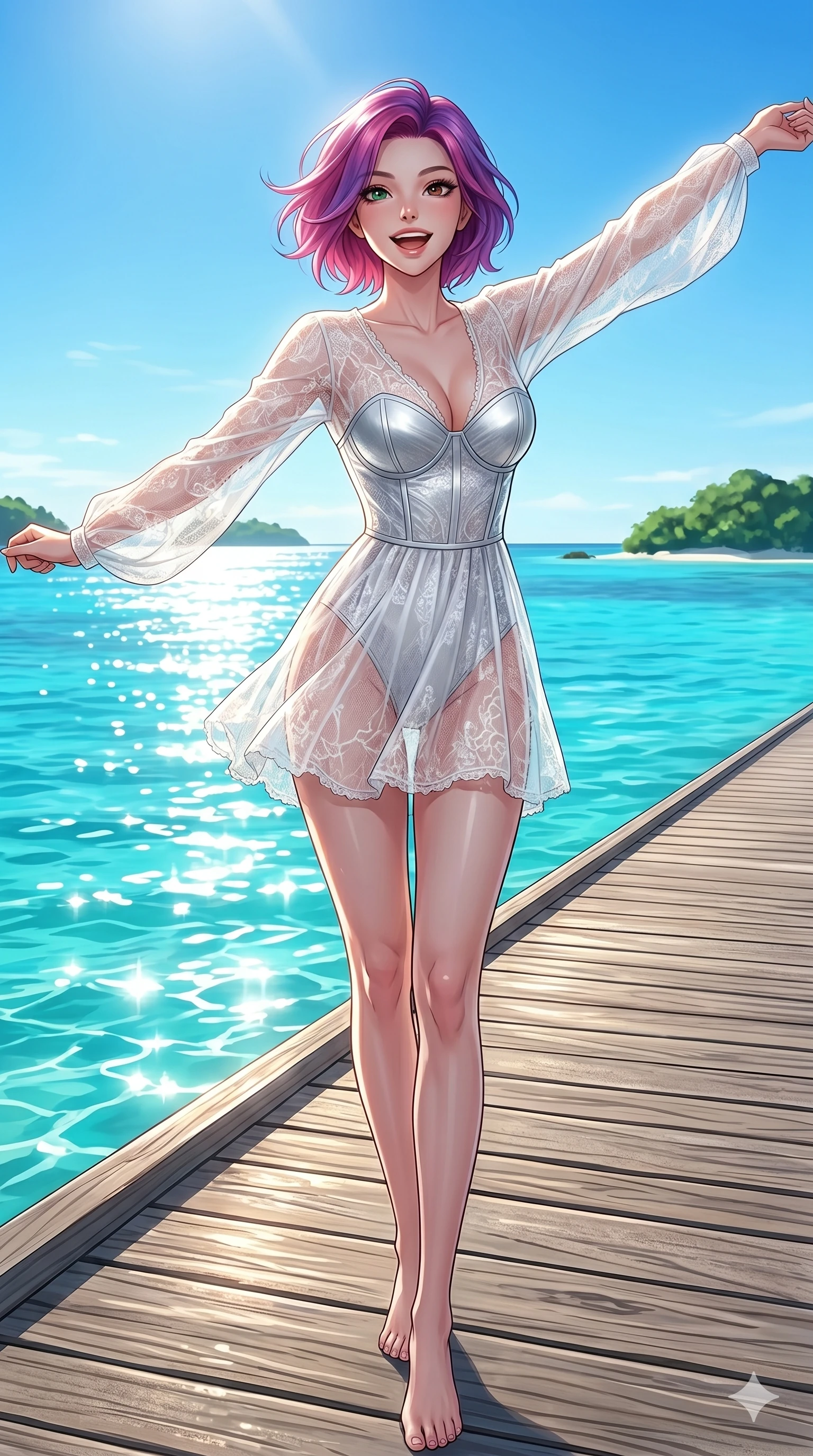 score_9, masterpiece, best quality, ultra-detailed, high-budget anime keyframe, editorial fashion photography, tasteful artistic composition, Caucasian woman, strictly human ears. cowboy shot from the thighs up, character and outfit filling the frame for maximum editorial presence. stretching her arms out with a bright, refreshed smile, enjoying the warm breeze standing on a wooden pier stretching into a turquoise ocean lagoon. She has an absolutely perfect 8-heads proportion, an exceptionally tall and slender female figure with impossibly long slender legs and an ultra-slim waist. V-shaped jawline, high-bridge nose, intricate jewel-like eyes with depth, thick eyelashes, glossy lips with a natural sheen. wearing a sheer white lace beach dress worn over a structured silver bodice. drenched in bright afternoon sunshine, with shimmering light reflections from the water. 2k, ultra detail, master piece, 9:16 ratio